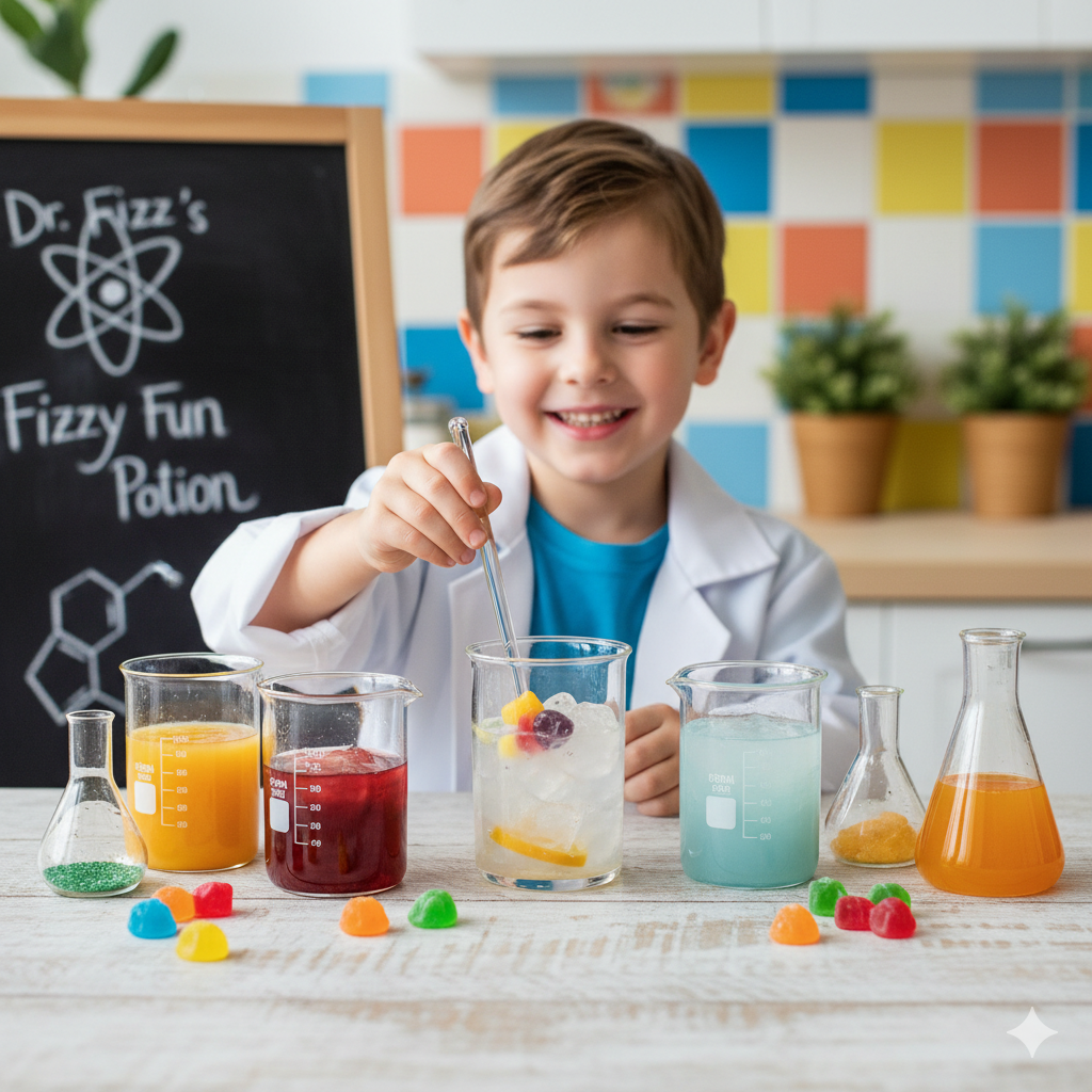 Niño sonriendo en un laboratorio, mezclando líquidos en un vaso con un vaso de precipitados y matraz con líquidos de colores, y dulces en la mesa.