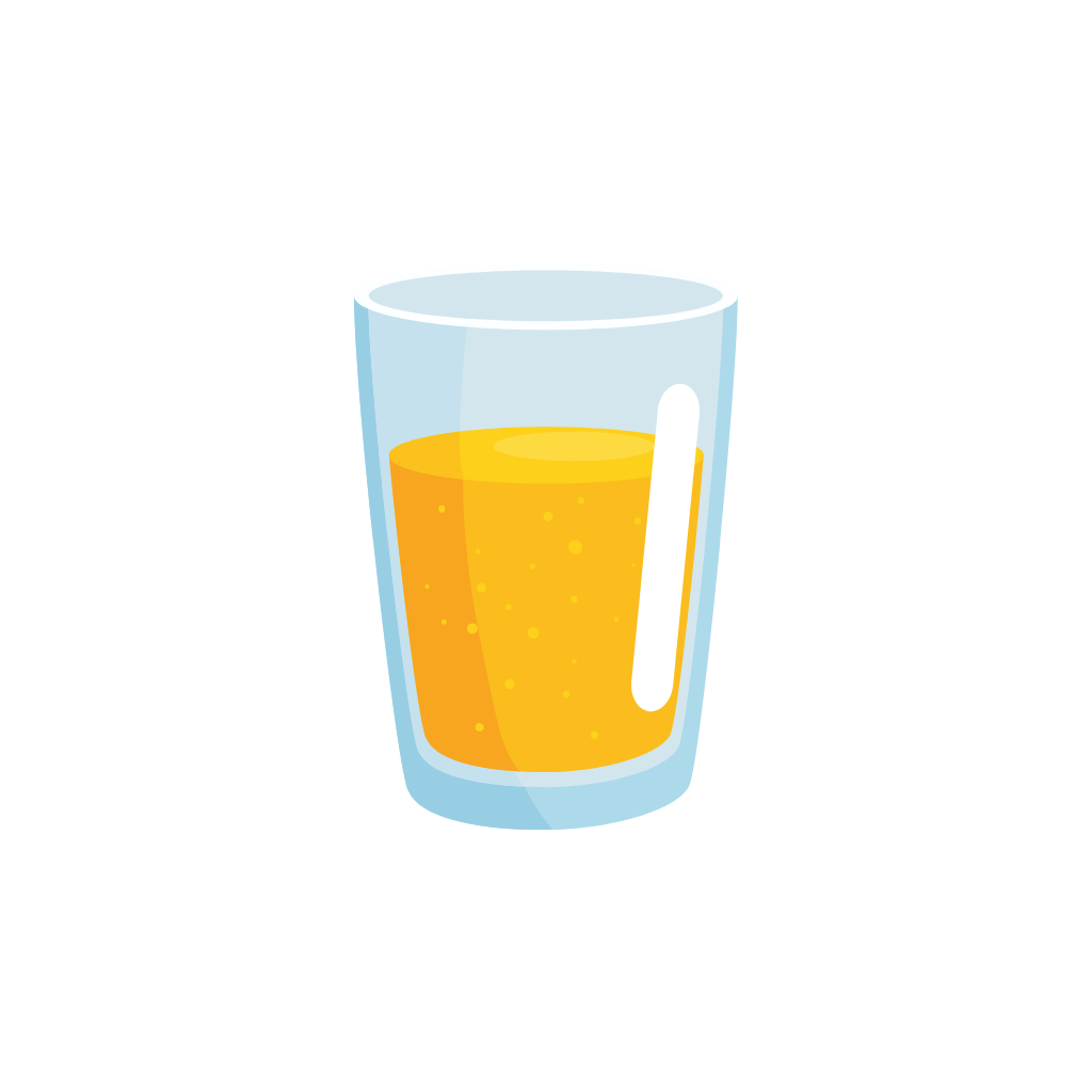 Ilustración de zumo de naranja en vaso de cristal, incluido en el menú infantil de Explora Family Café Madrid