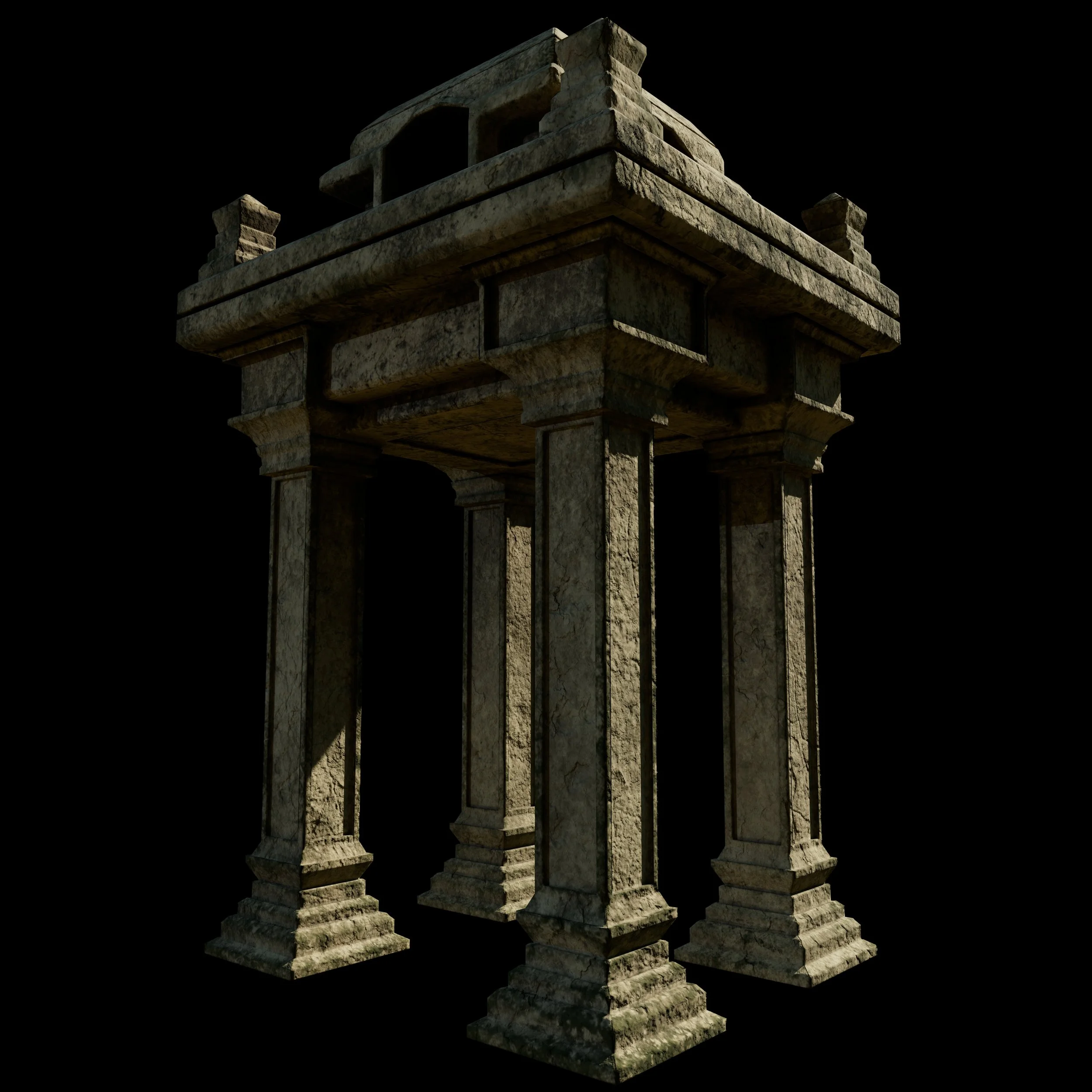 Ancient stone structure with four columns and a flat top, resembling a temple or monument, against a black background.