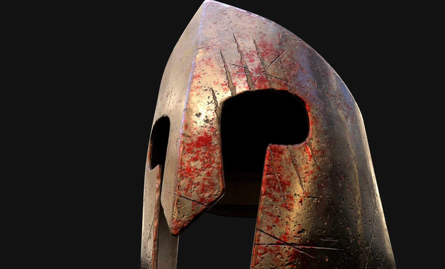 Close-up of a weathered, metallic helmet from the Star Wars Mandalorian series, with scratches and red markings, and a matte black background.