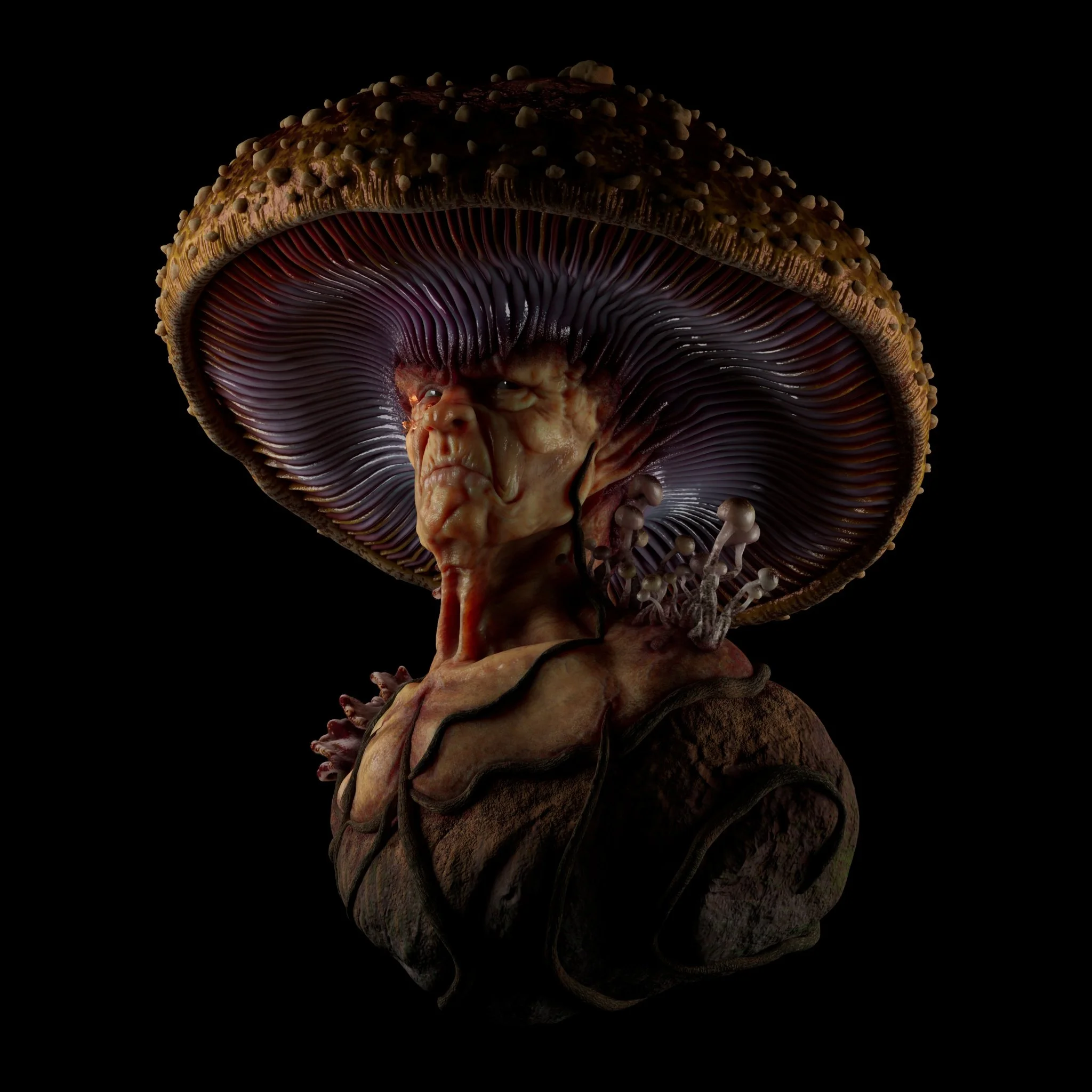 A surreal creature with a mushroom cap as a head, featuring human-like facial features and ear structures, set against a black background.