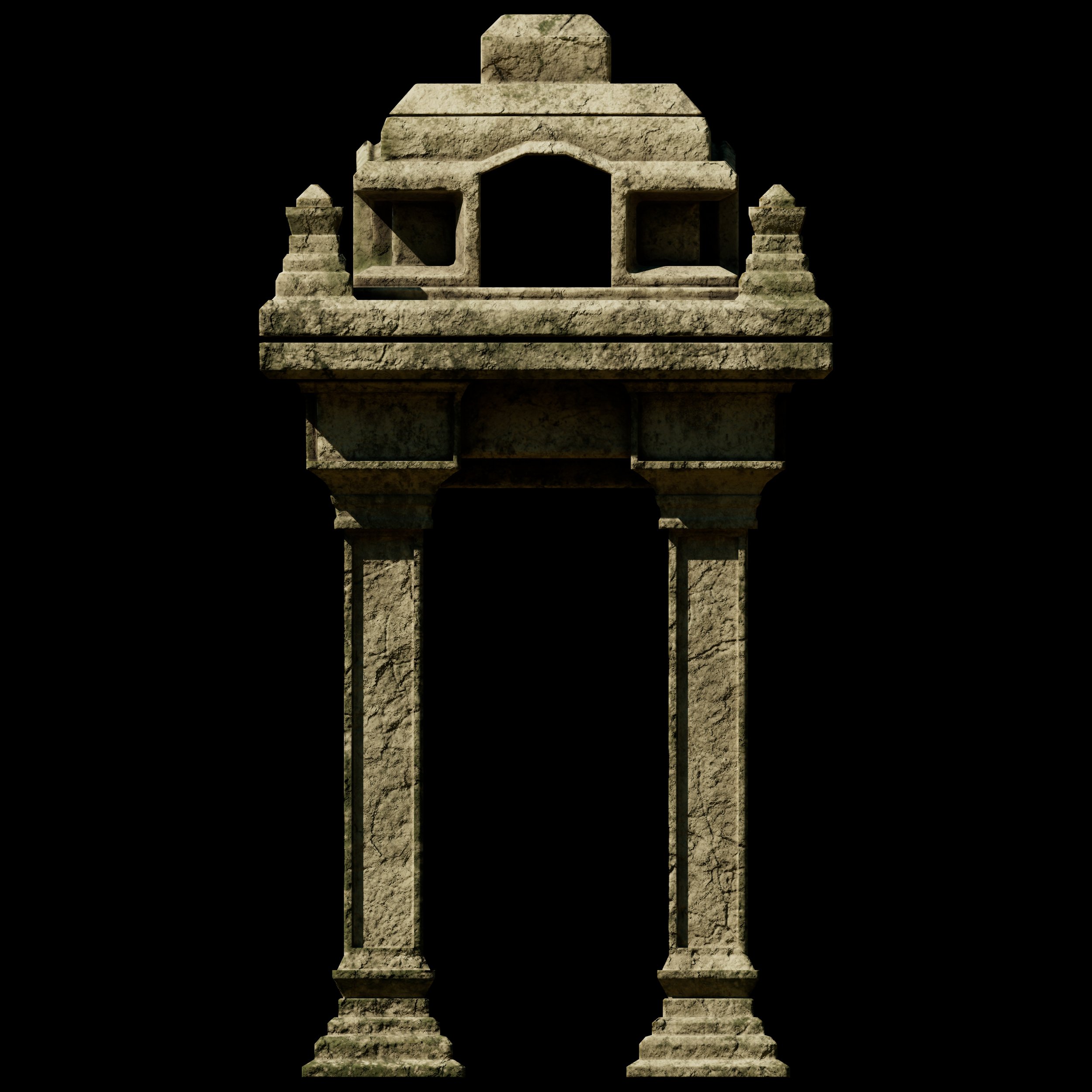 Ancient stone archway with columns, isolated on a black background.