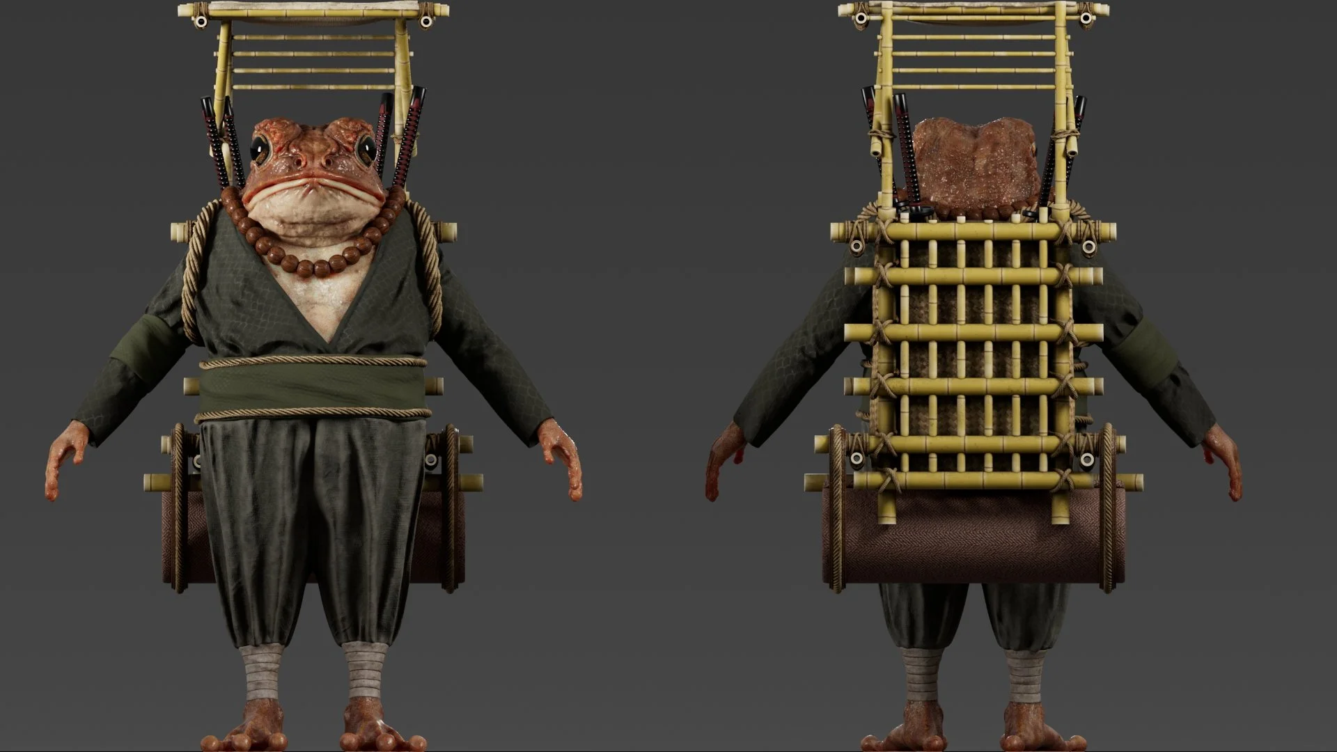 A 3D-rendered anthropomorphic frog wearing traditional Japanese attire, including a kimono, and accessories such as necklaces, accompanied by a structure resembling a bamboo cart or frame on its back with a rock placed inside.