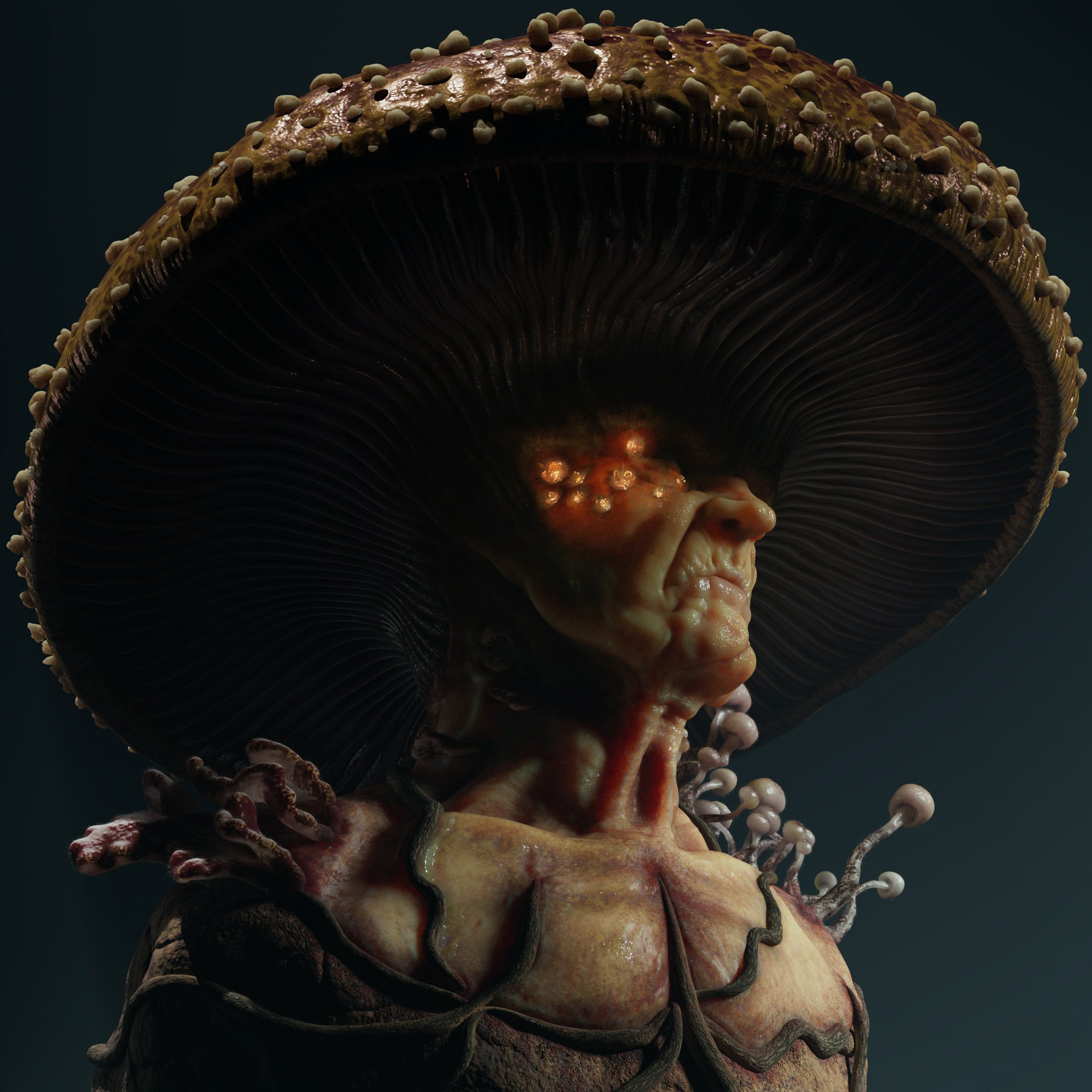 A surreal hybrid creature with the head of a mushroom and the body resembling a human with organic textures and appendages.
