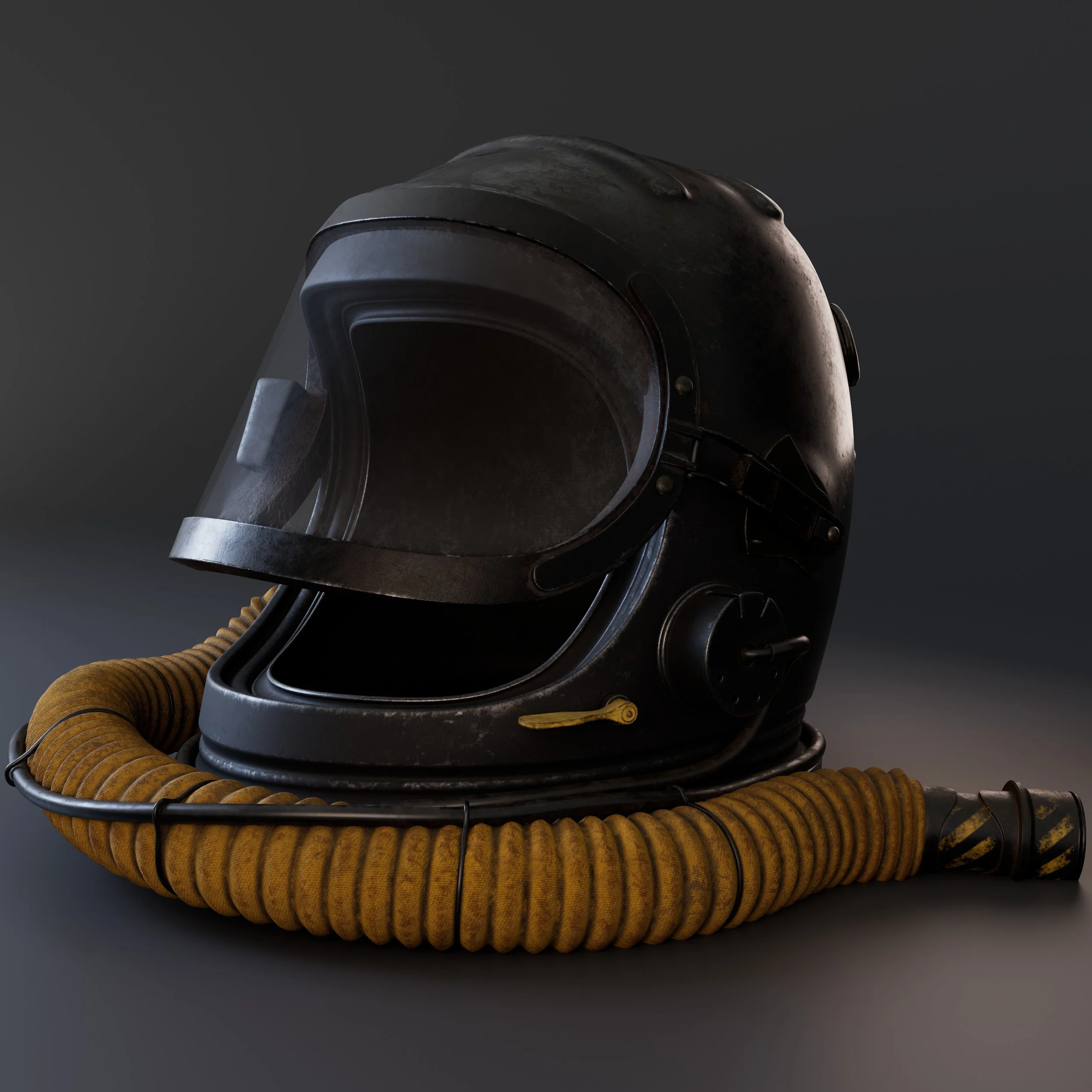 A vintage black astronaut helmet with a yellow breathing hose placed on a dark surface