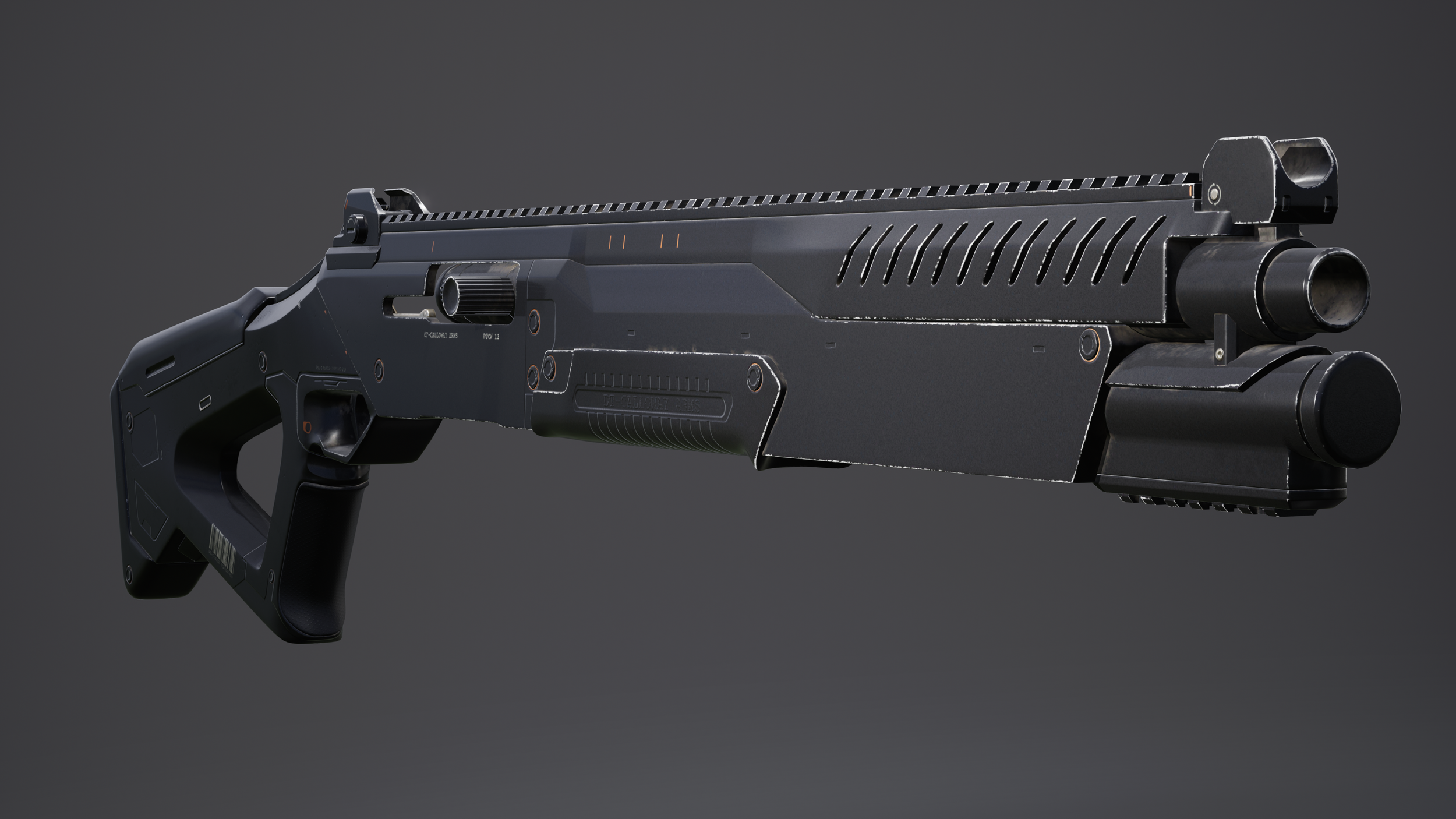 A futuristic black assault rifle with a sleek design, mounted on a gray background.