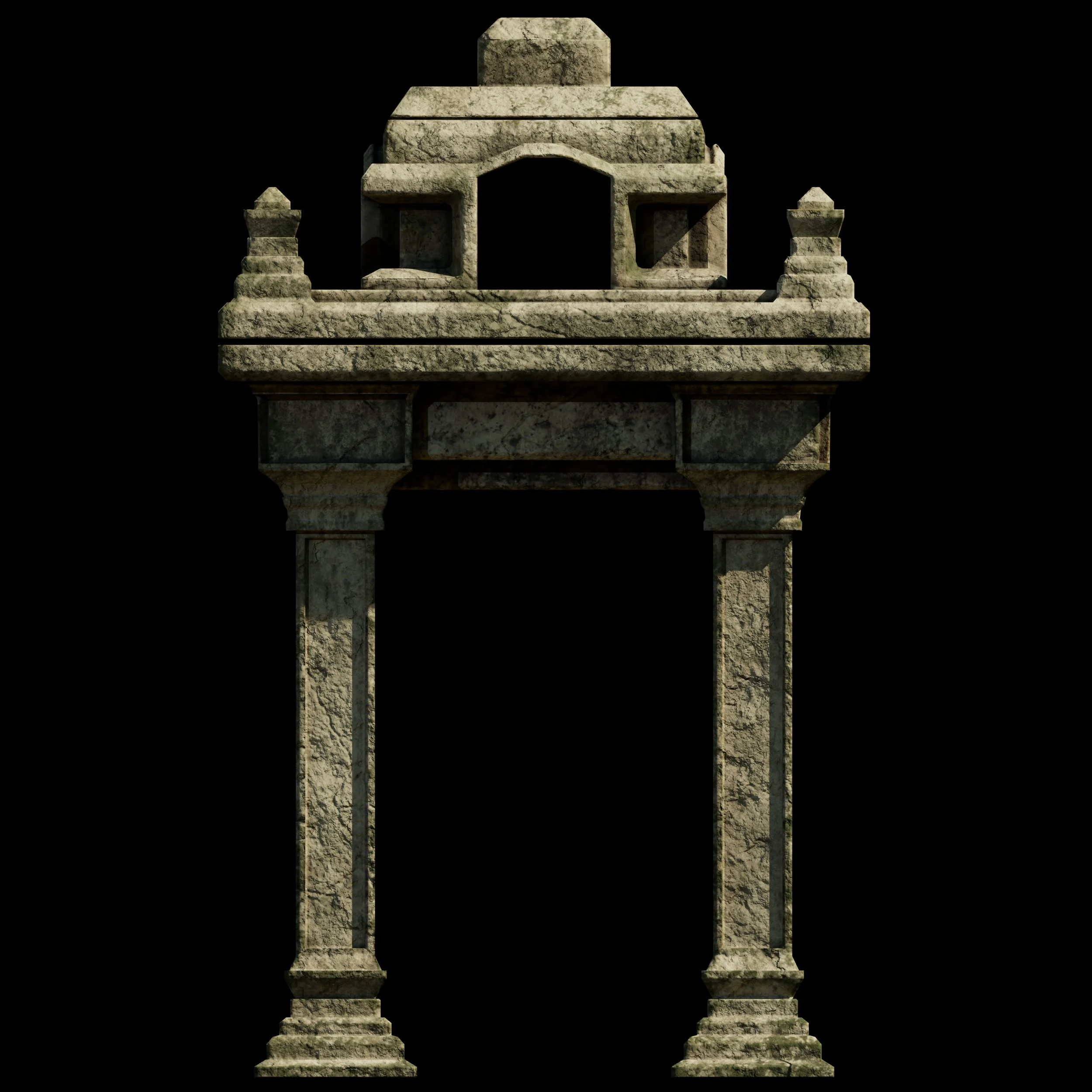 An ancient stone gateway with two tall columns and an elaborately carved top, isolated on a black background.