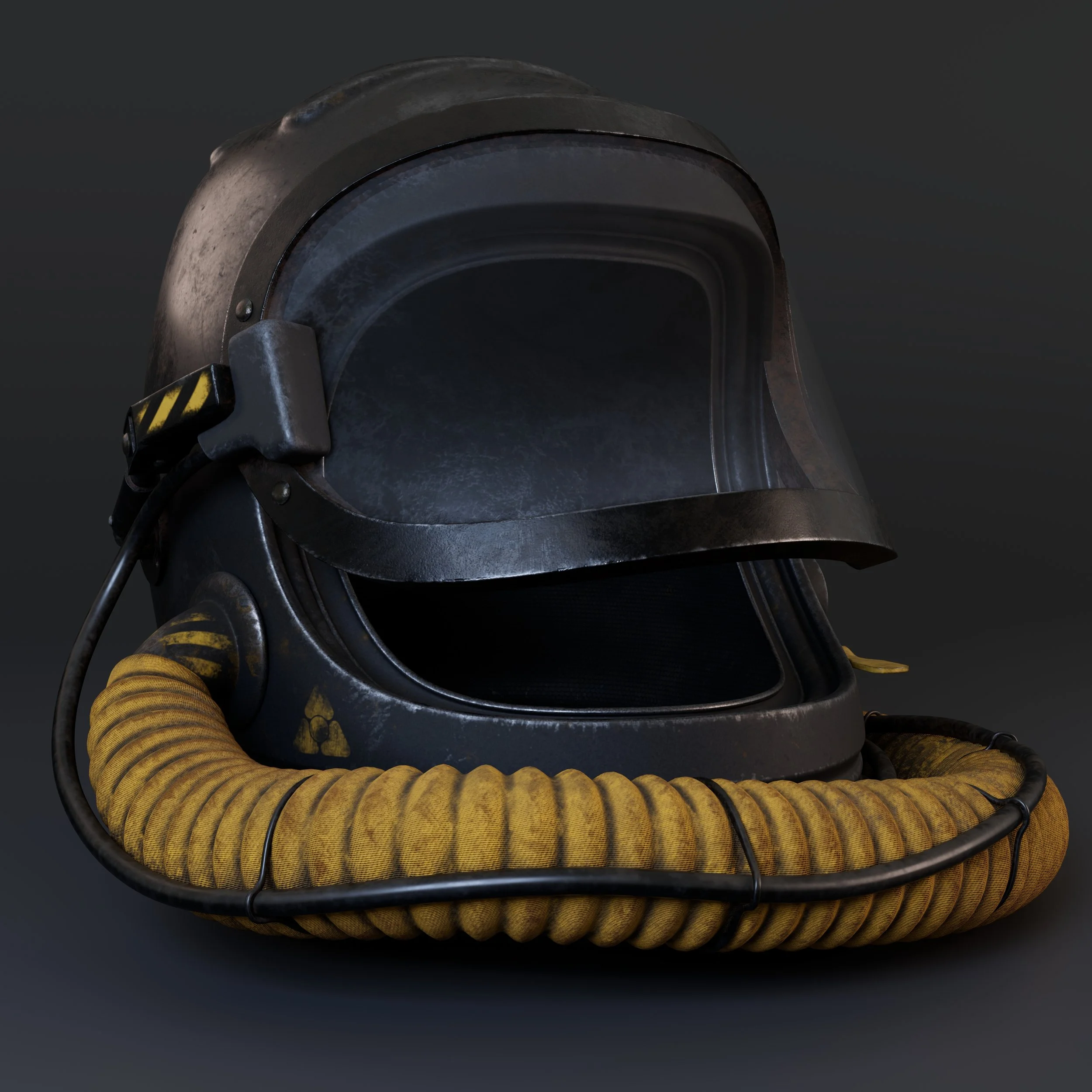 A vintage deep-sea diving helmet with a black visor, yellow and black striped accents, and a large yellow corrugated hose attached.