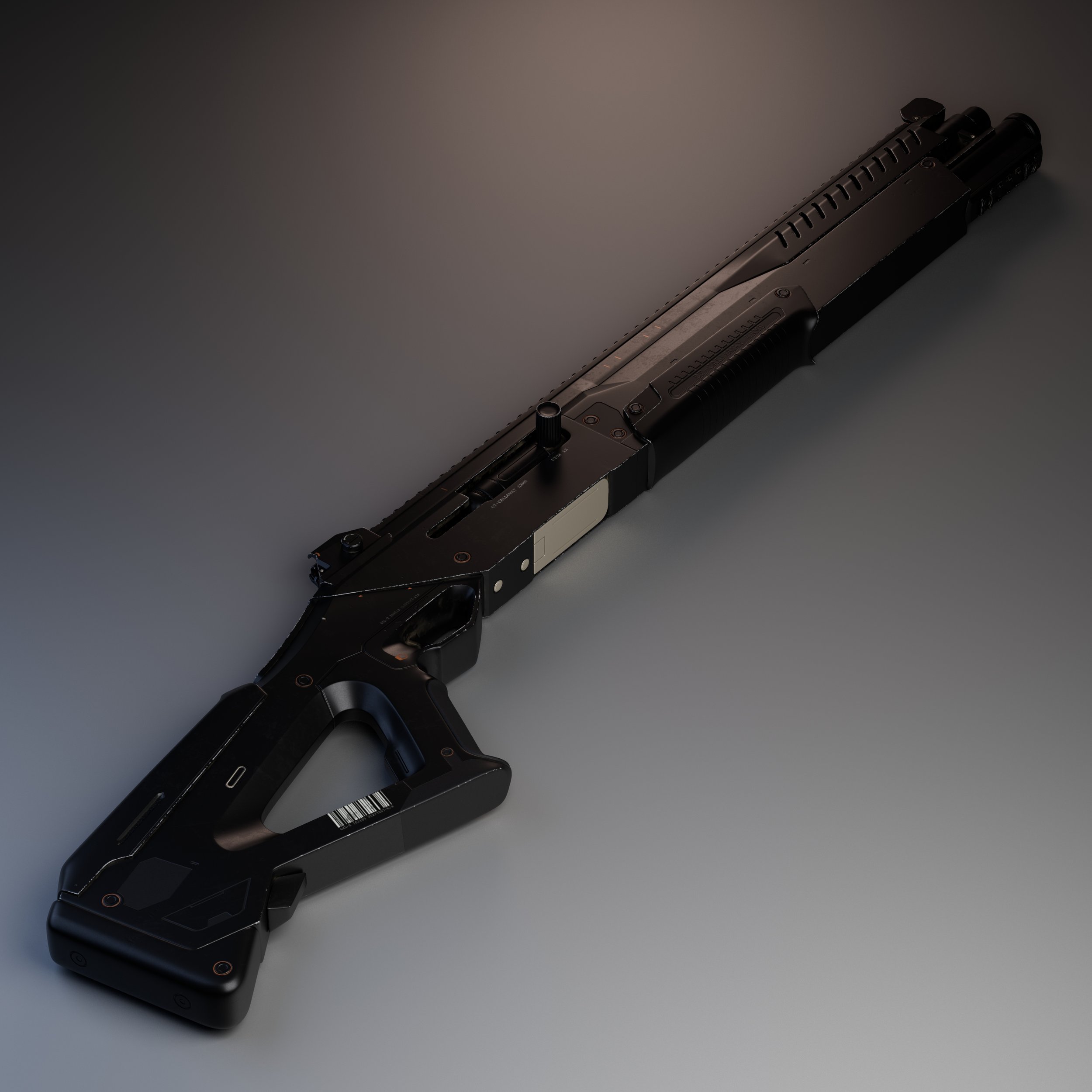 A futuristic black and silver gun with a sleek, modern design, lying on a gray surface.