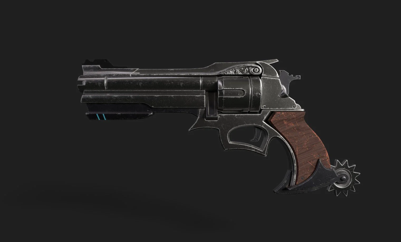 A futuristic revolver with a black metal body, wooden grip, and a gear mechanism at the bottom, set against a dark background.