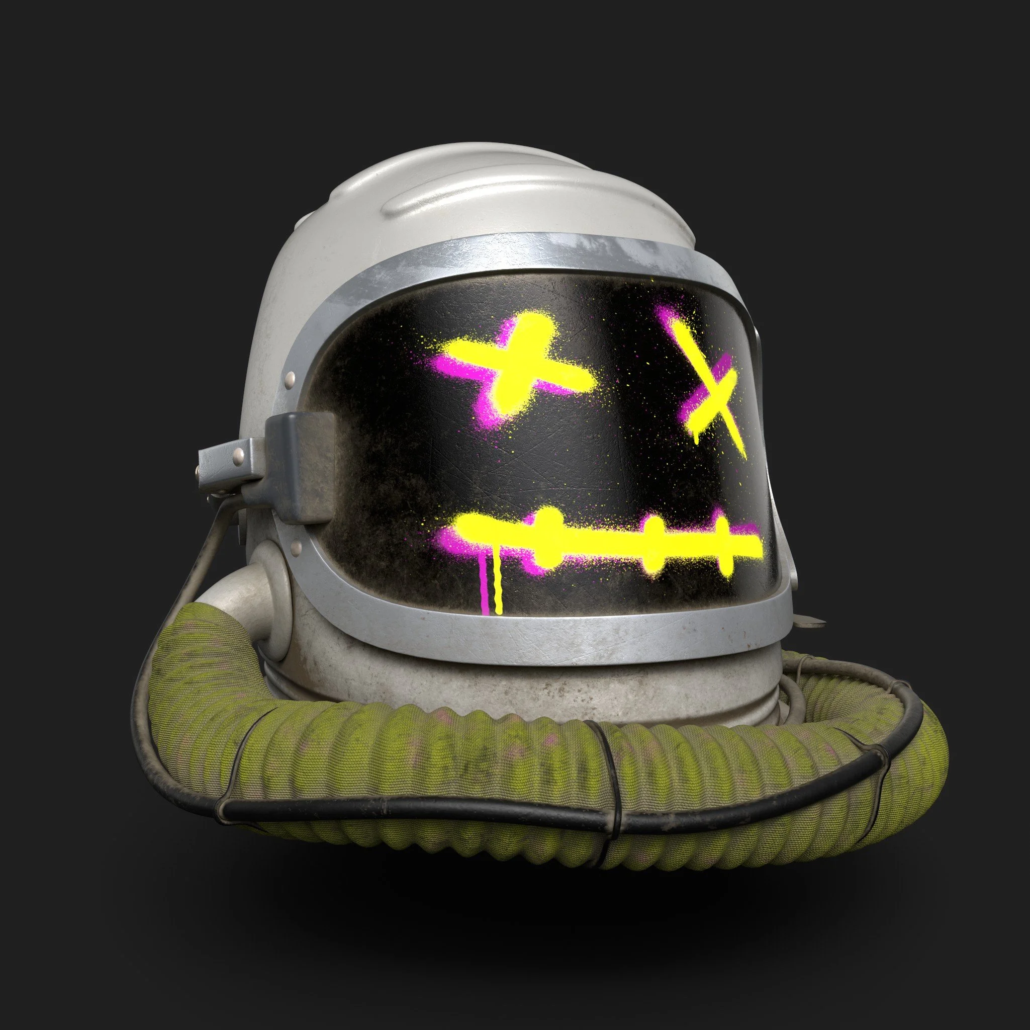 A vintage astronaut helmet with spray-painted neon yellow and pink graffiti resembling a face with X eyes and a straight line mouth, set against a dark background.