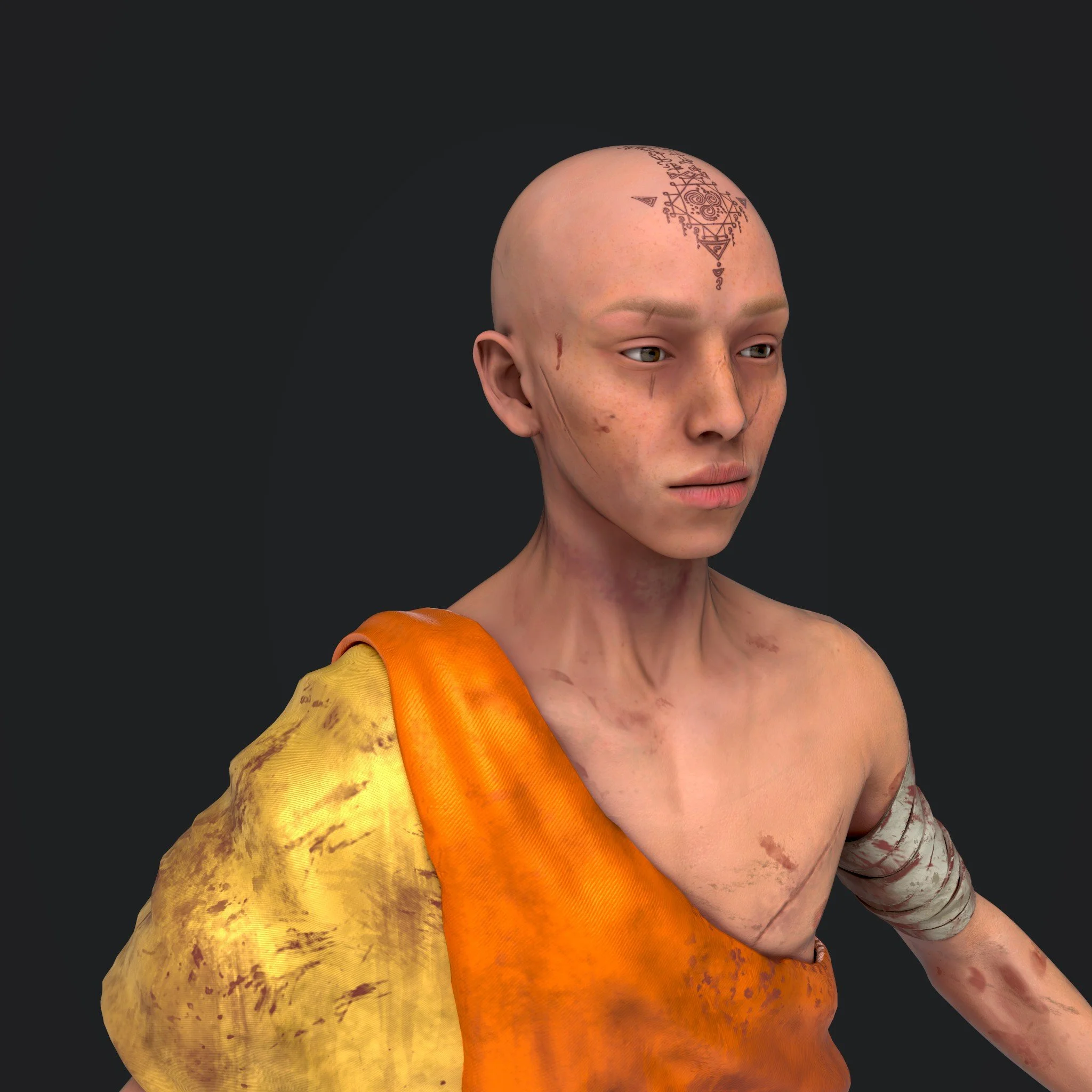 A digital rendering of a young bald person with tattoos on their face and head, wearing an orange and yellow cloth draped over their shoulder, with bruised and scarred skin, against a dark background.