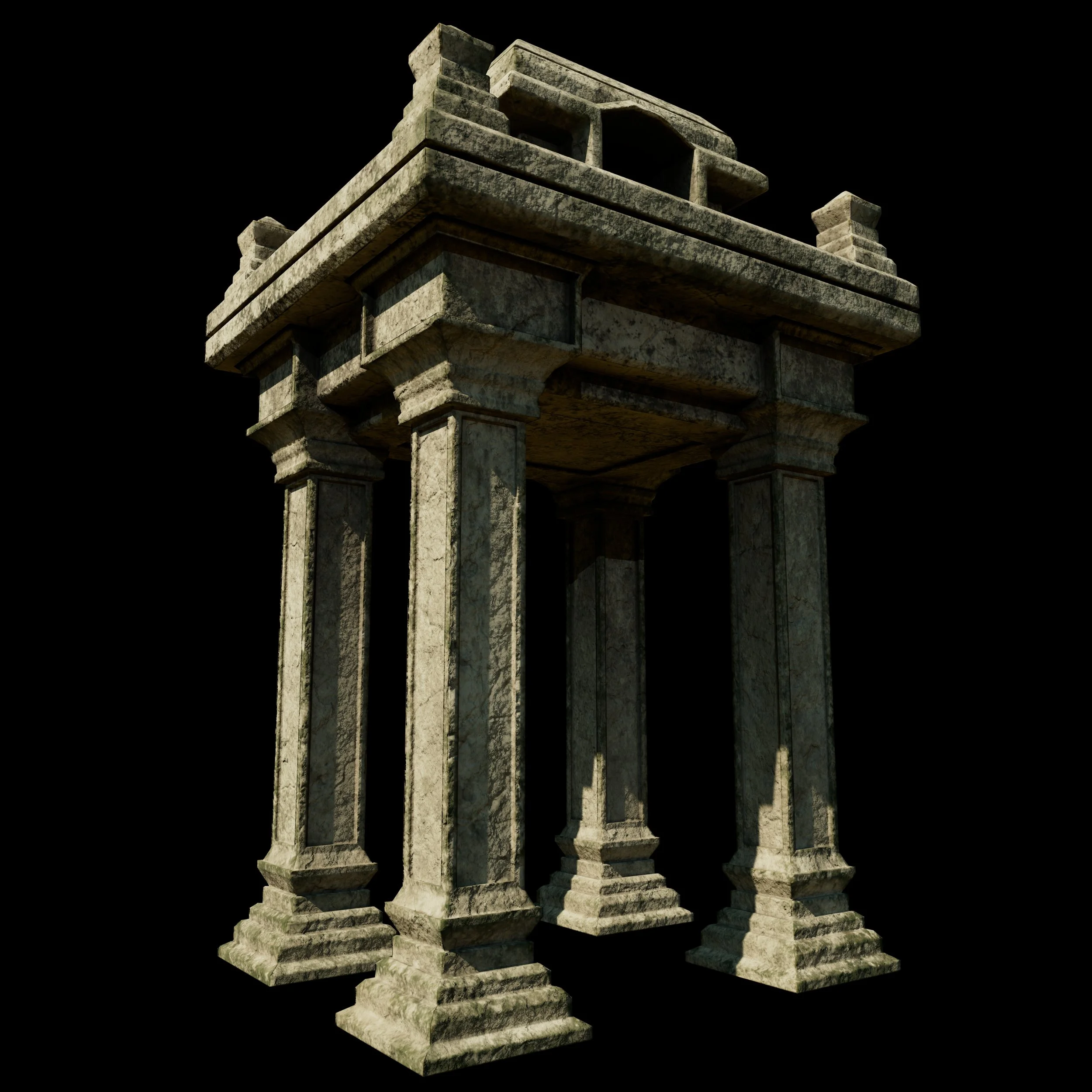 Ancient stone temple or altar with four columns and multiple levels, set against a black background.