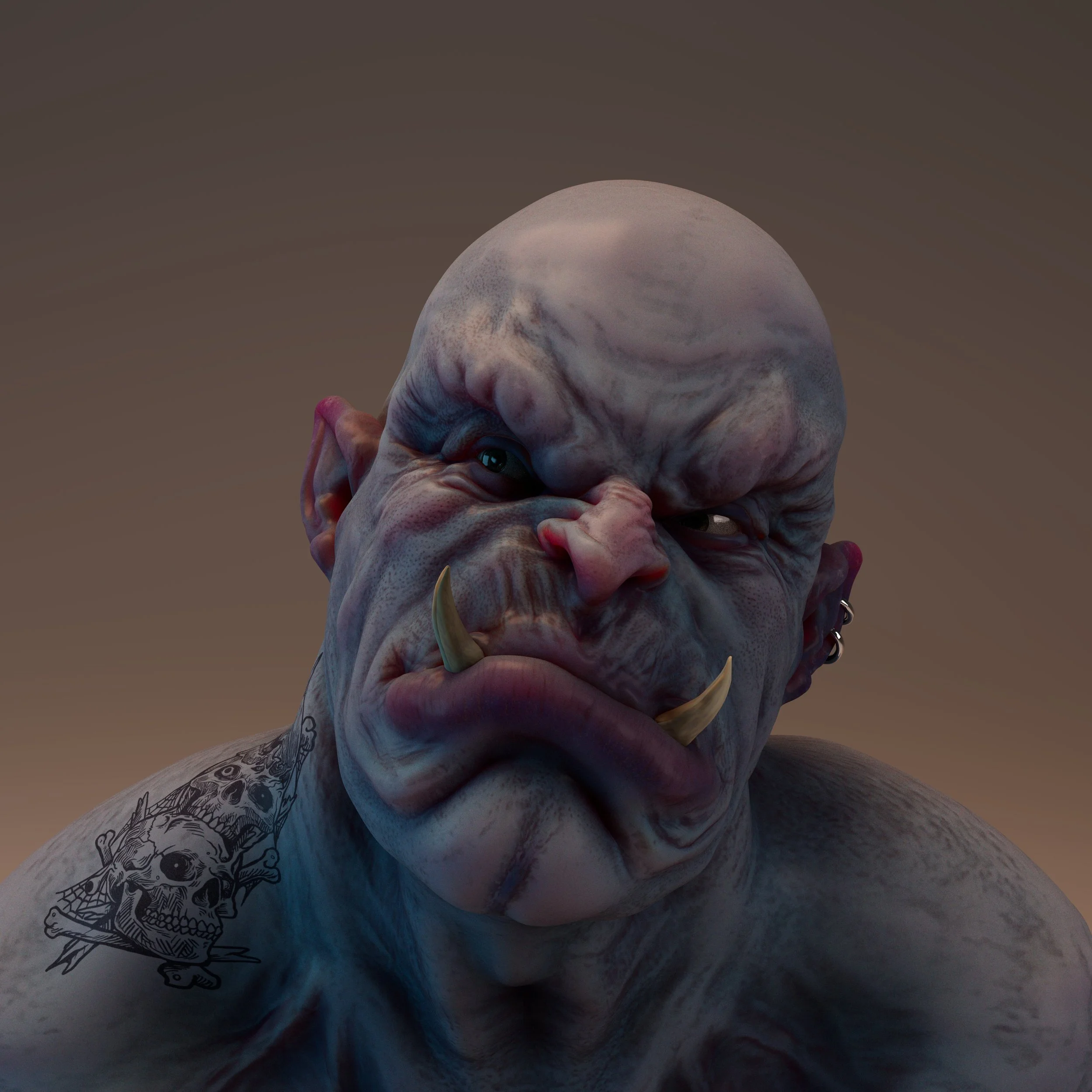 Close-up of an orc-like fantasy creature with bald head, wrinkled gray skin, tusks, and a tattoo of a skull with crossed bones on the shoulder