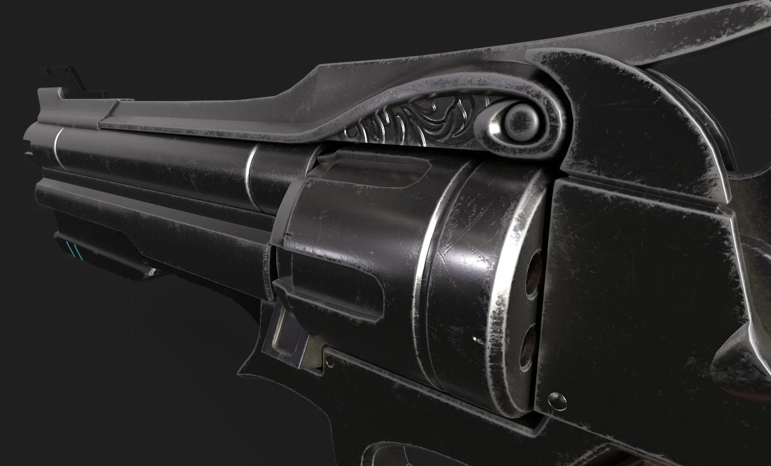 Close-up of a black, futuristic-looking revolver with intricate design details on the cylinder, set against a dark background.