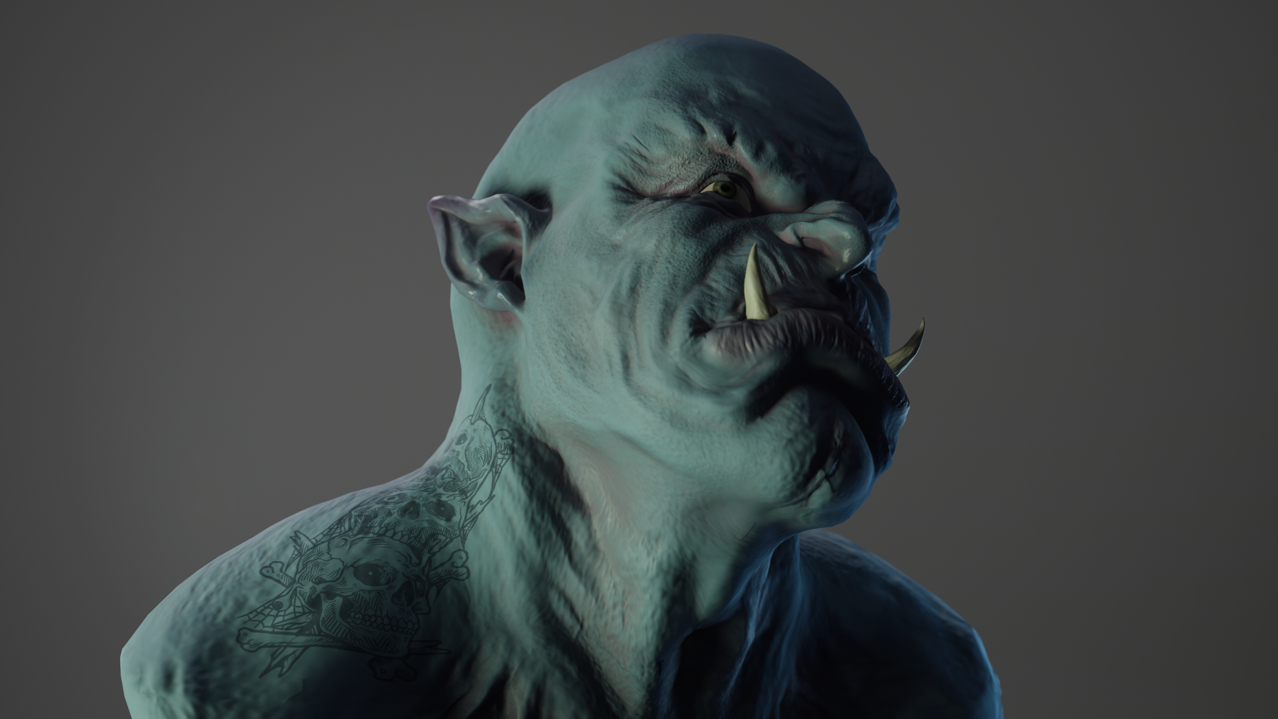 A fantasy creature with greenish skin, large pointed ears, tusks, and a tattoo on the shoulder, against a dark gray background.