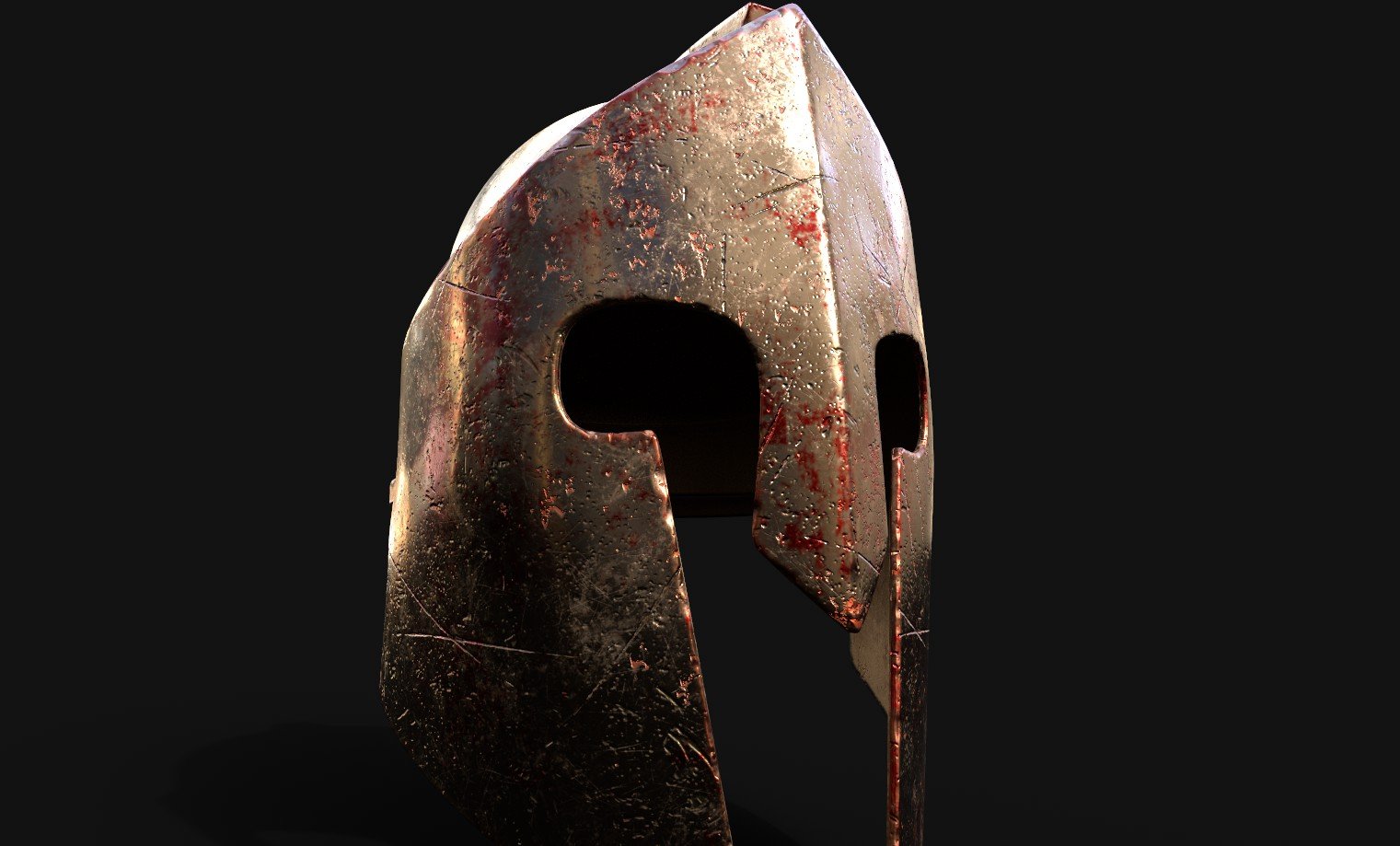 Close-up of a metallic helmet with a weathered and scratched surface, resembling Iron Man's helmet, set against a black background.