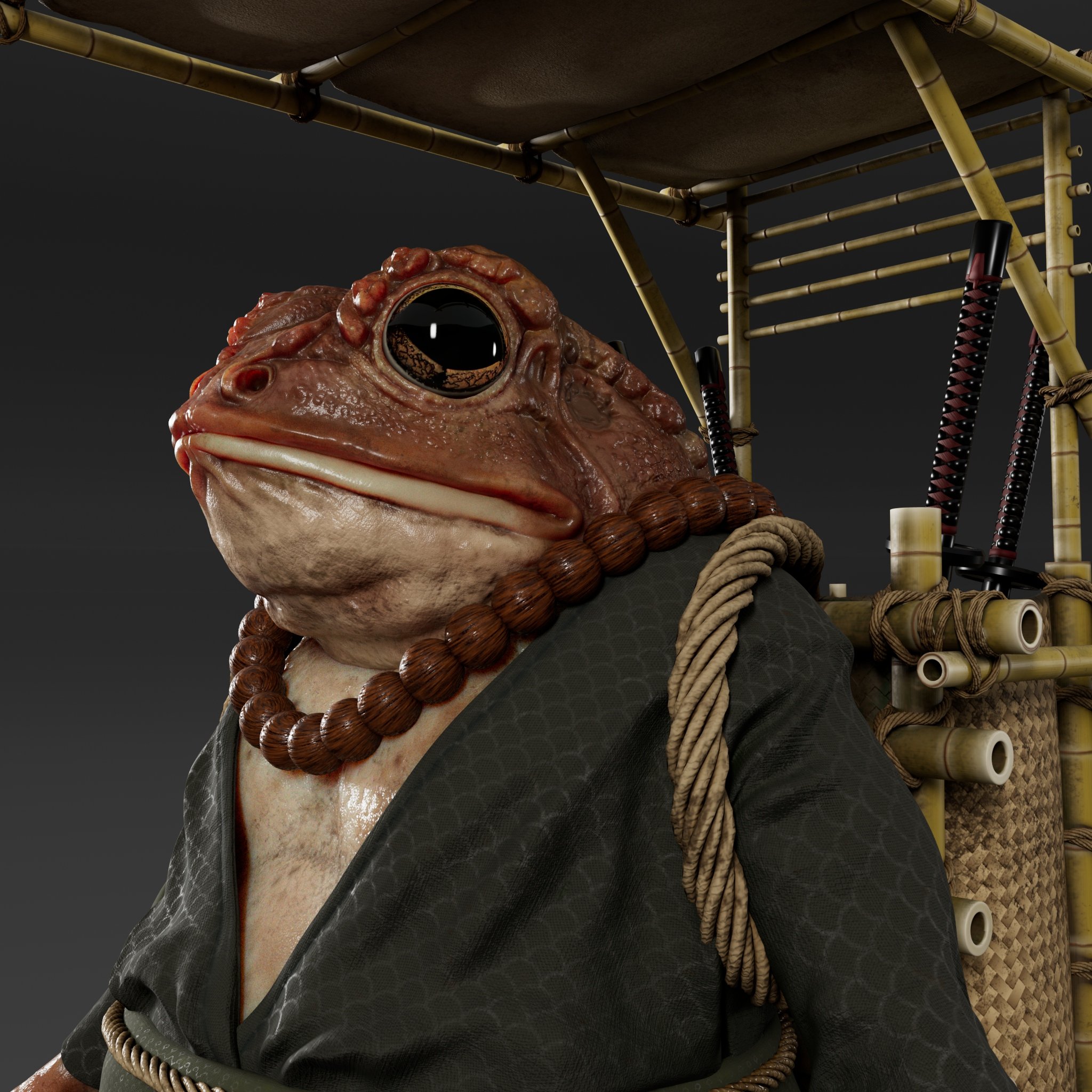 A humanoid frog dressed as a samurai, wearing traditional black clothing, a large beaded necklace, and carrying a bamboo and rope backpack with swords.