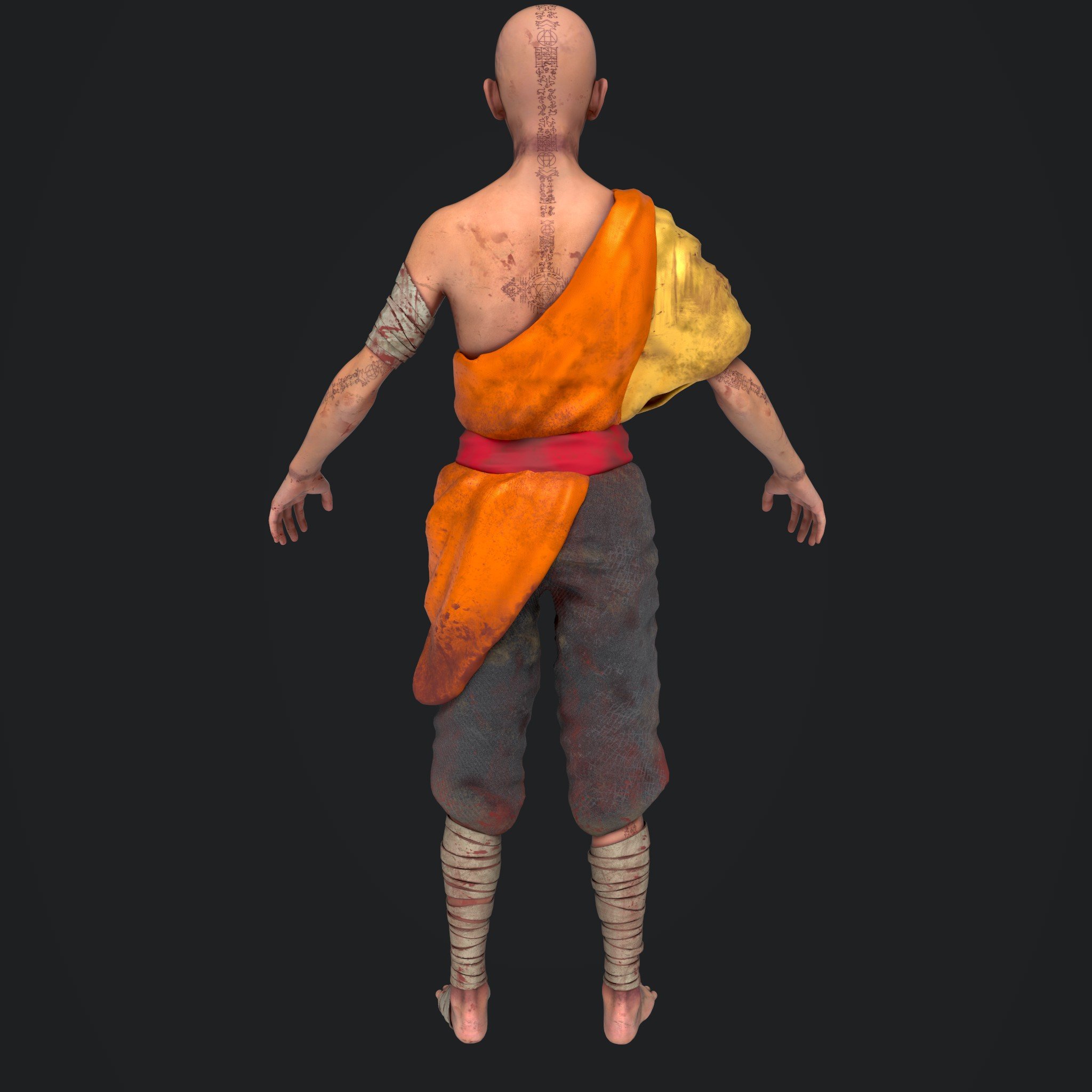 A bald, tattooed, mummified man wearing ancient orange and yellow robes with bandages on arms and legs, standing against a dark background.