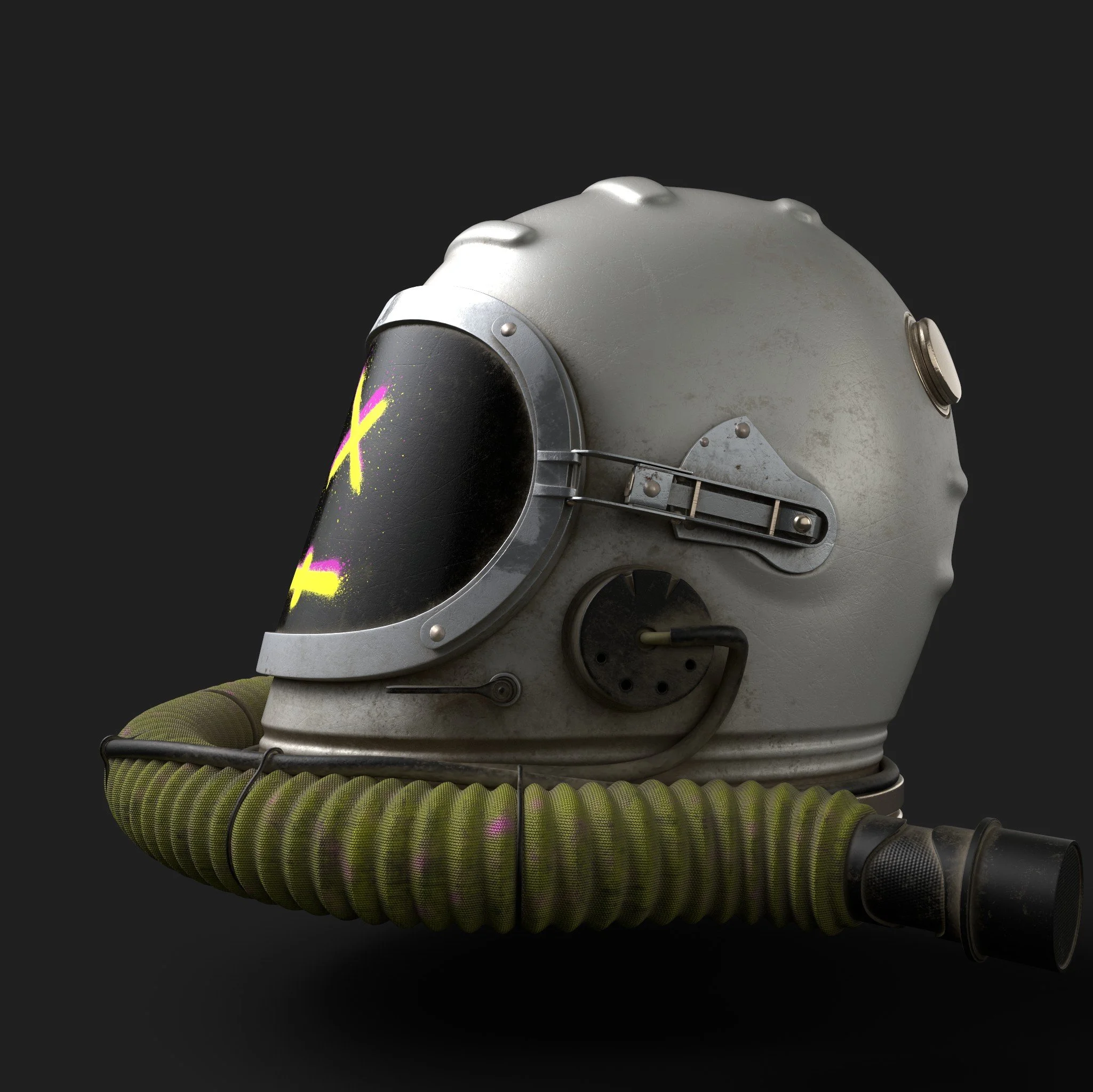Retro astronaut helmet with a dark visor and a flexible green breathing tube, set against a dark background.