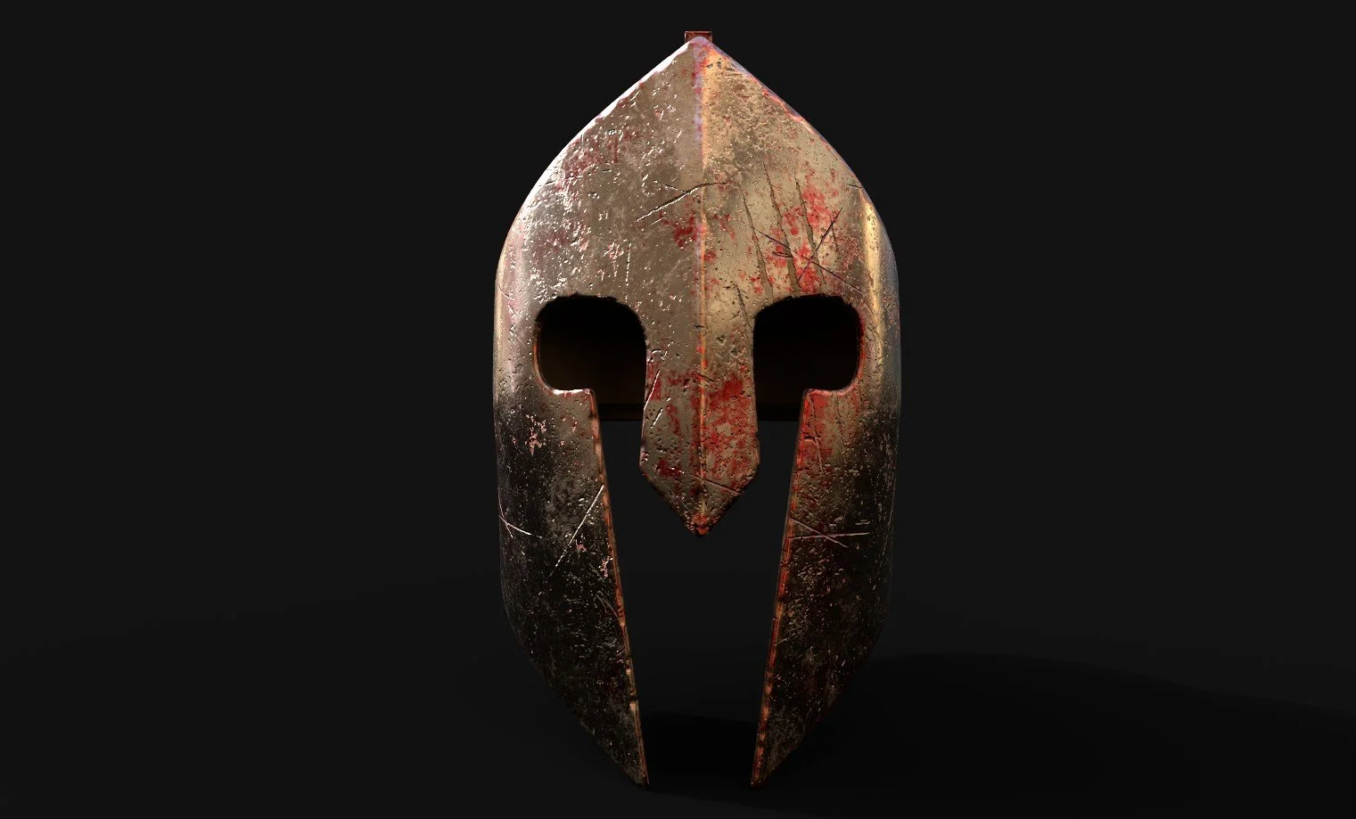 A rusted metal helmet with eye holes and a central nose guard, positioned against a black background.