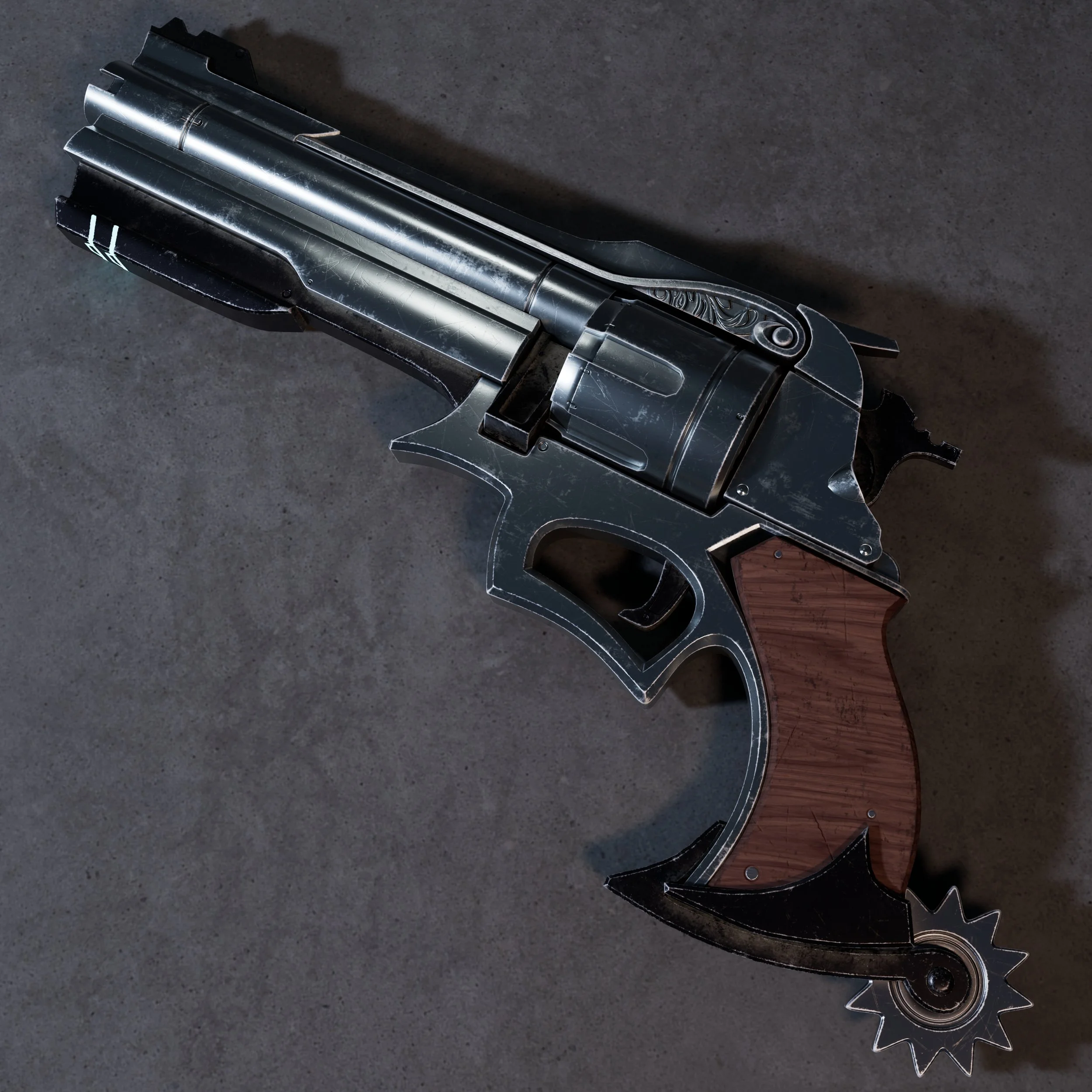 A black and silver revolver with a wooden grip resting on a dark surface.