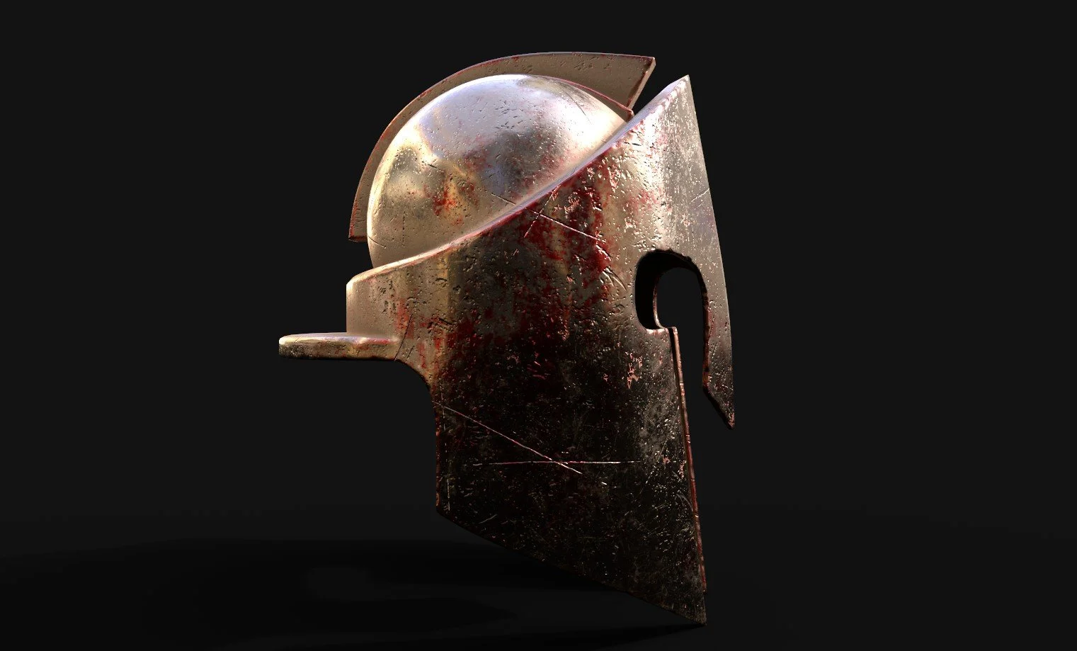 A metallic, weathered Viking-style helmet with a rounded dome and a partial face guard, set against a dark background.