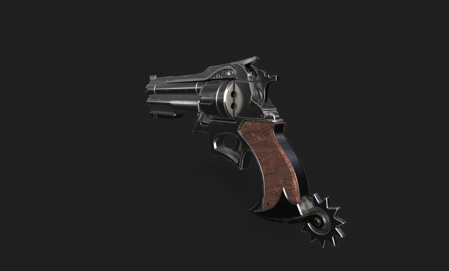 A steampunk-inspired firearm with a black metal body, wooden handle, and a gear mechanism at the end.