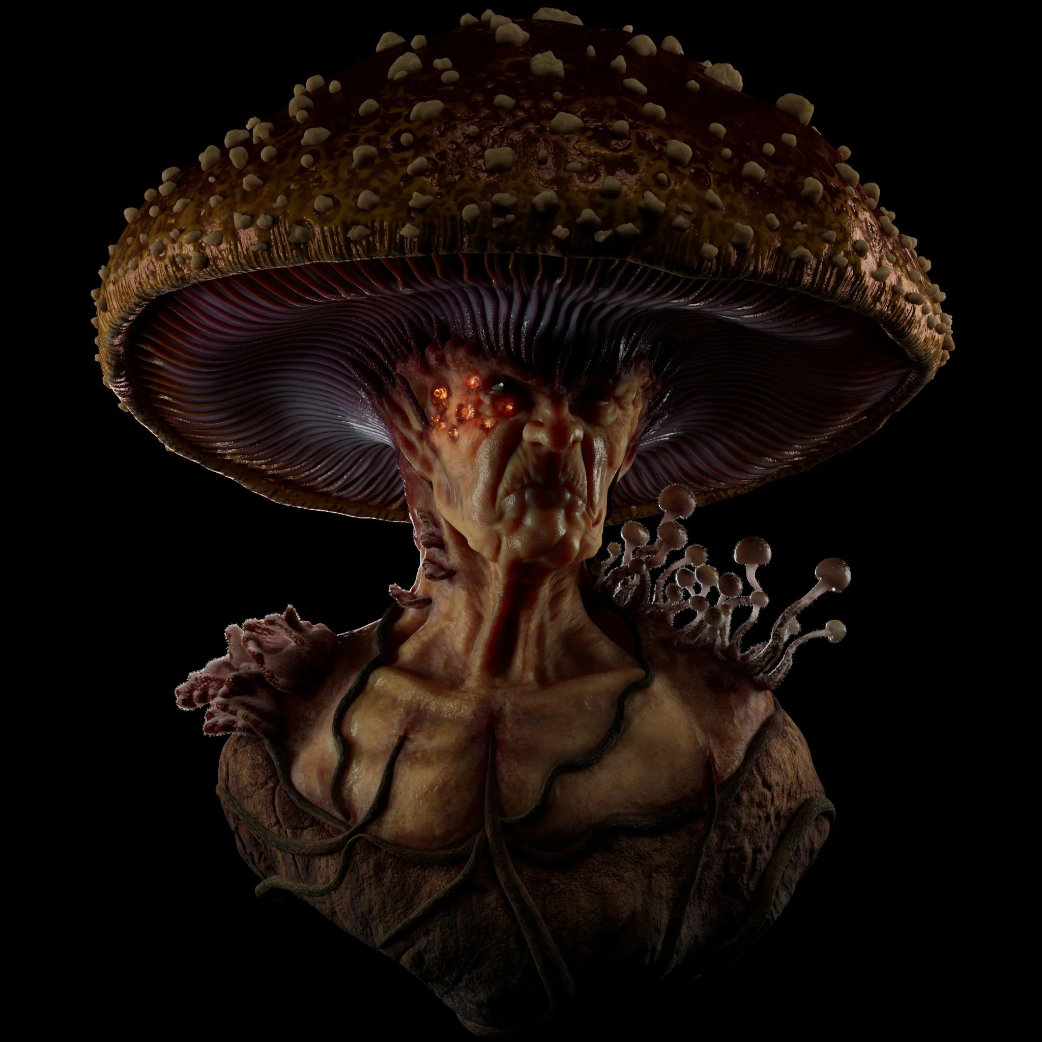 A surreal, creature-like figure with an oversized mushroom cap for a head, a distorted face, and a muscular, flesh-like body with small mushroom stalks growing from the shoulders. The image is set against a black background.