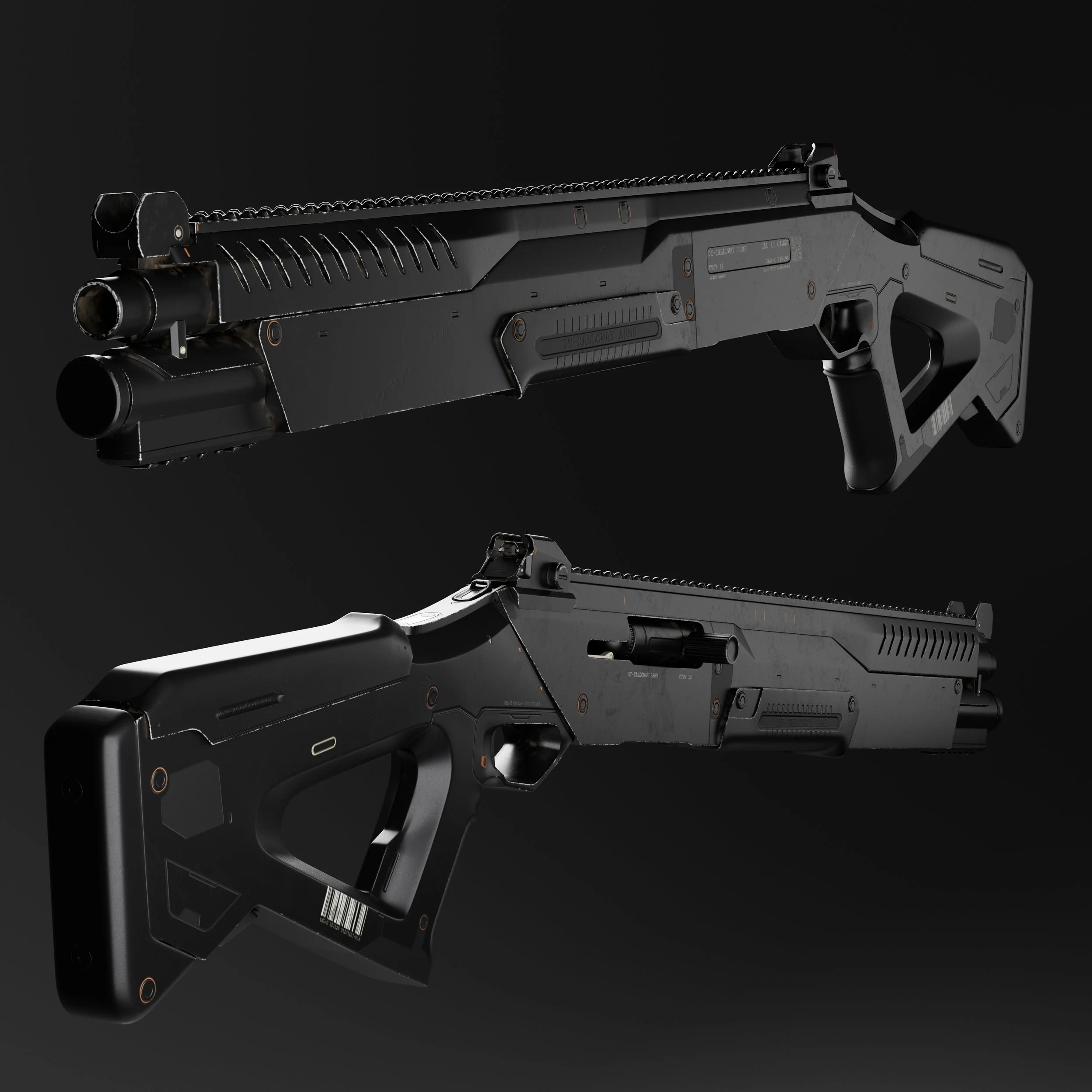Two futuristic black rifles with sleek design, positioned horizontally against a black background.