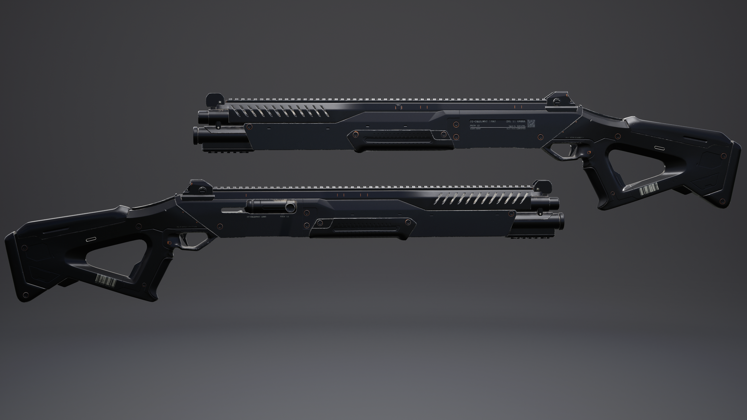 Two black futuristic rifle-like weapons with a modern design, displayed horizontally against a dark gray background.