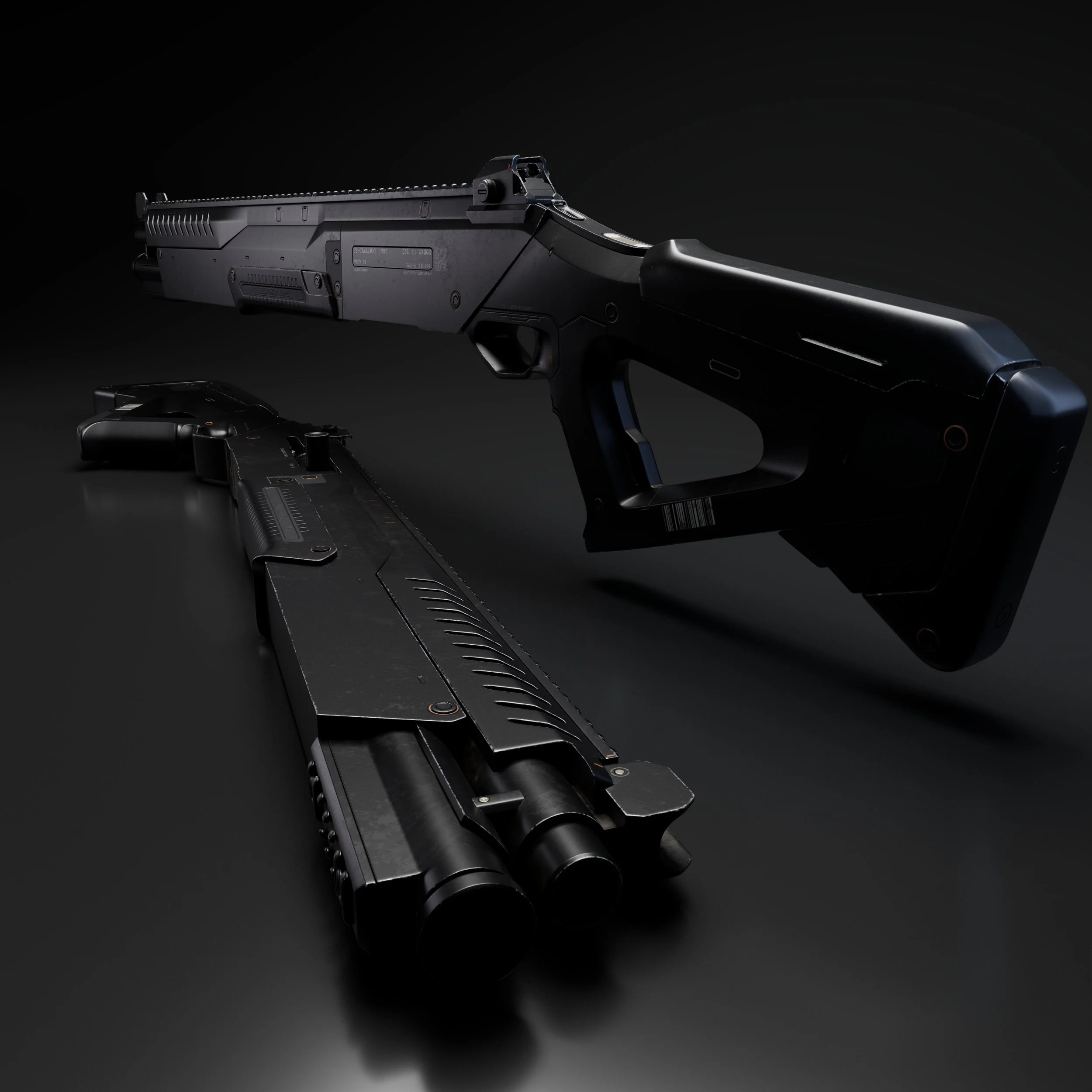 A black pistol and a black submachine gun on a dark surface with a dark background.