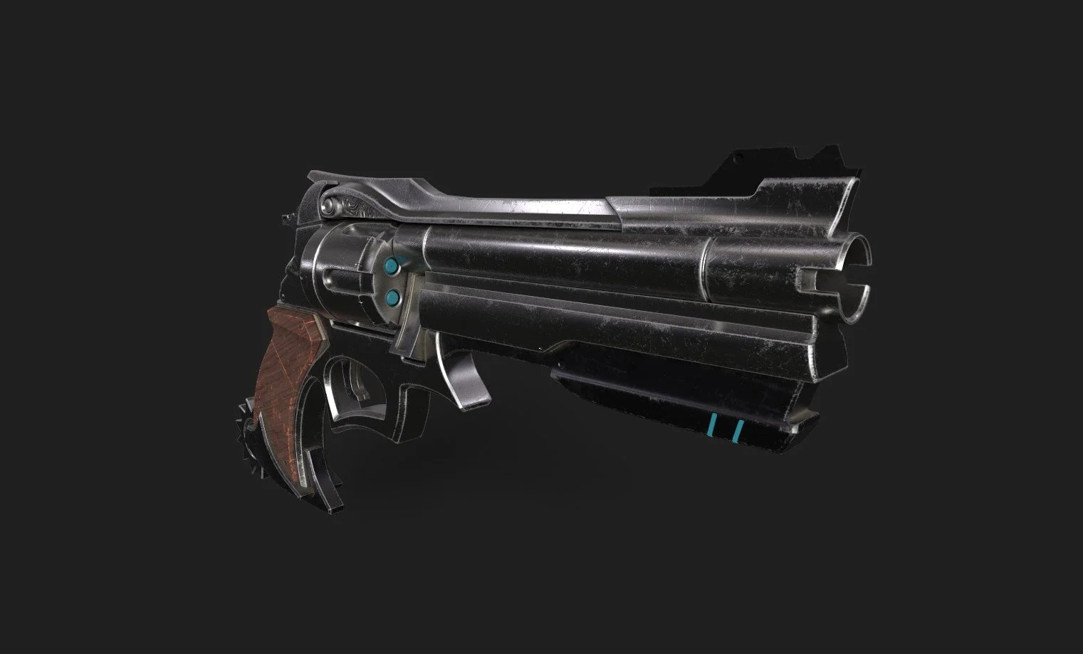 A futuristic black pistol with a wooden grip against a dark background.