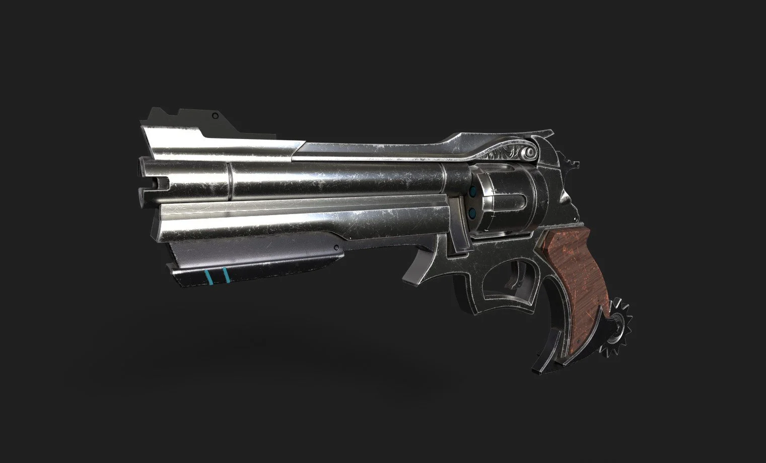 A futuristic revolver-style firearm with metallic and wood elements, featuring a large barrel and a mechanical gear component at the grip.
