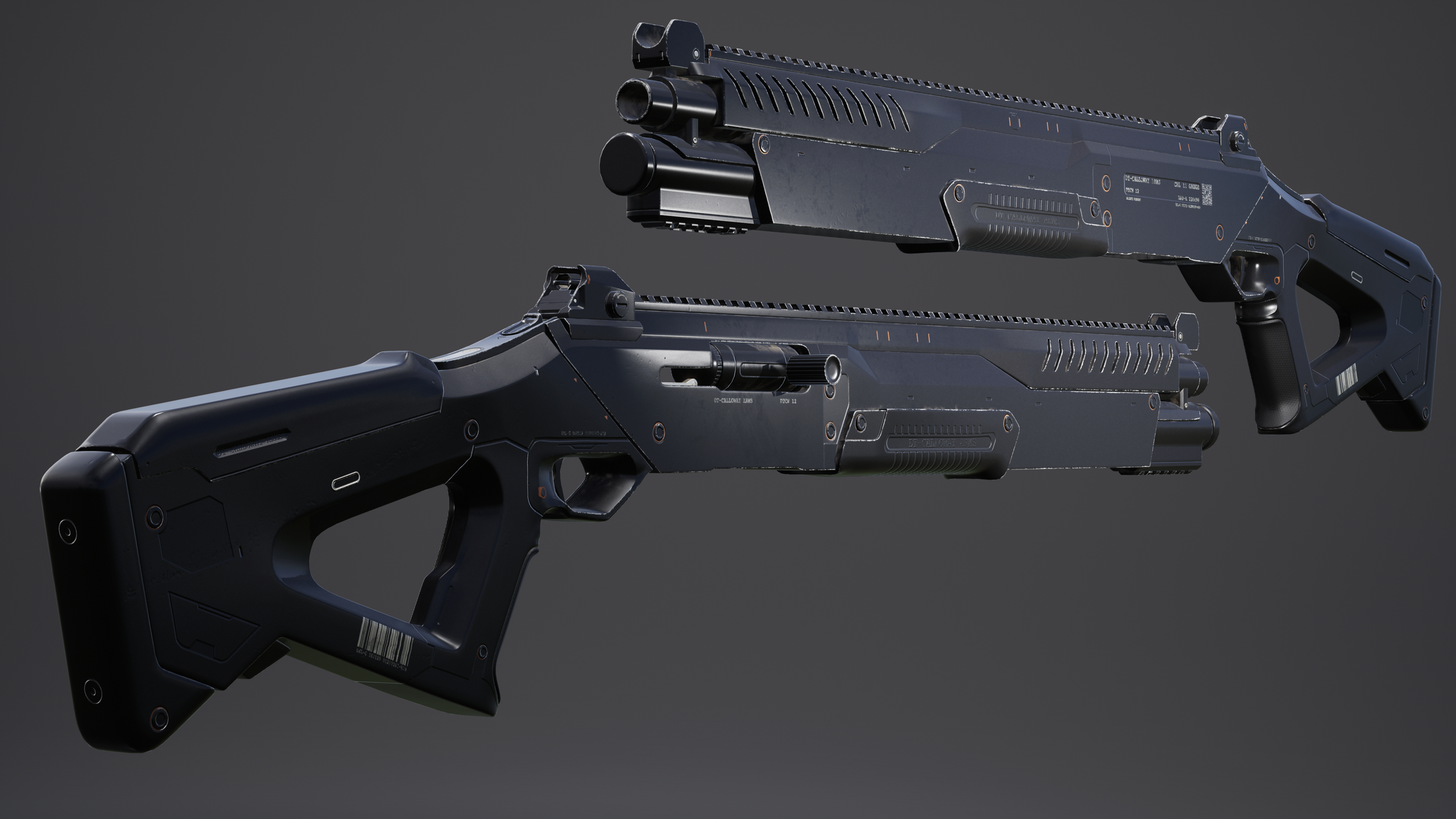 A futuristic black gun with two parts, possibly a weapon, floating against a dark background.