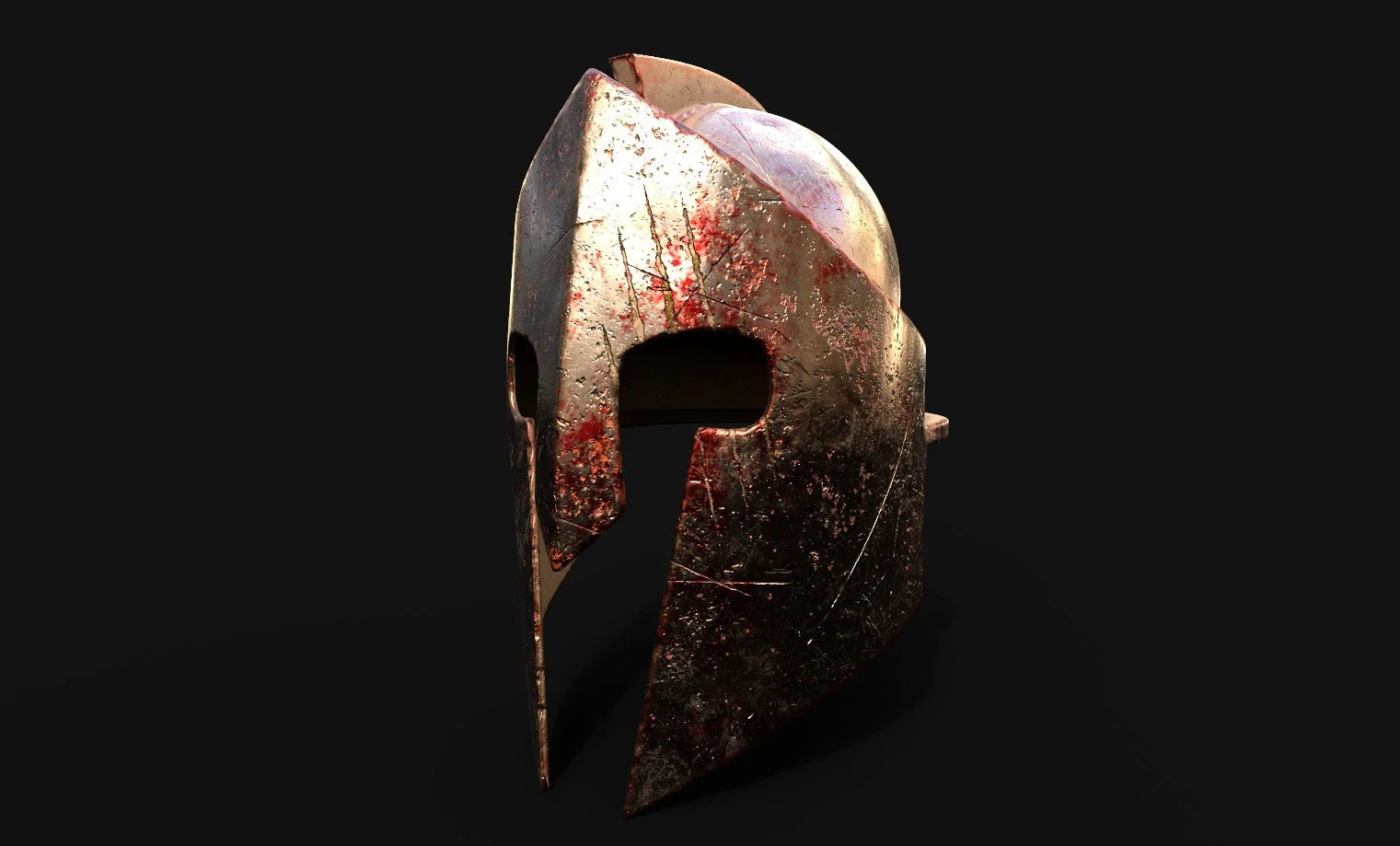 A weathered, ancient-looking metallic Spartan helmet with scratches and red stains on a black background.