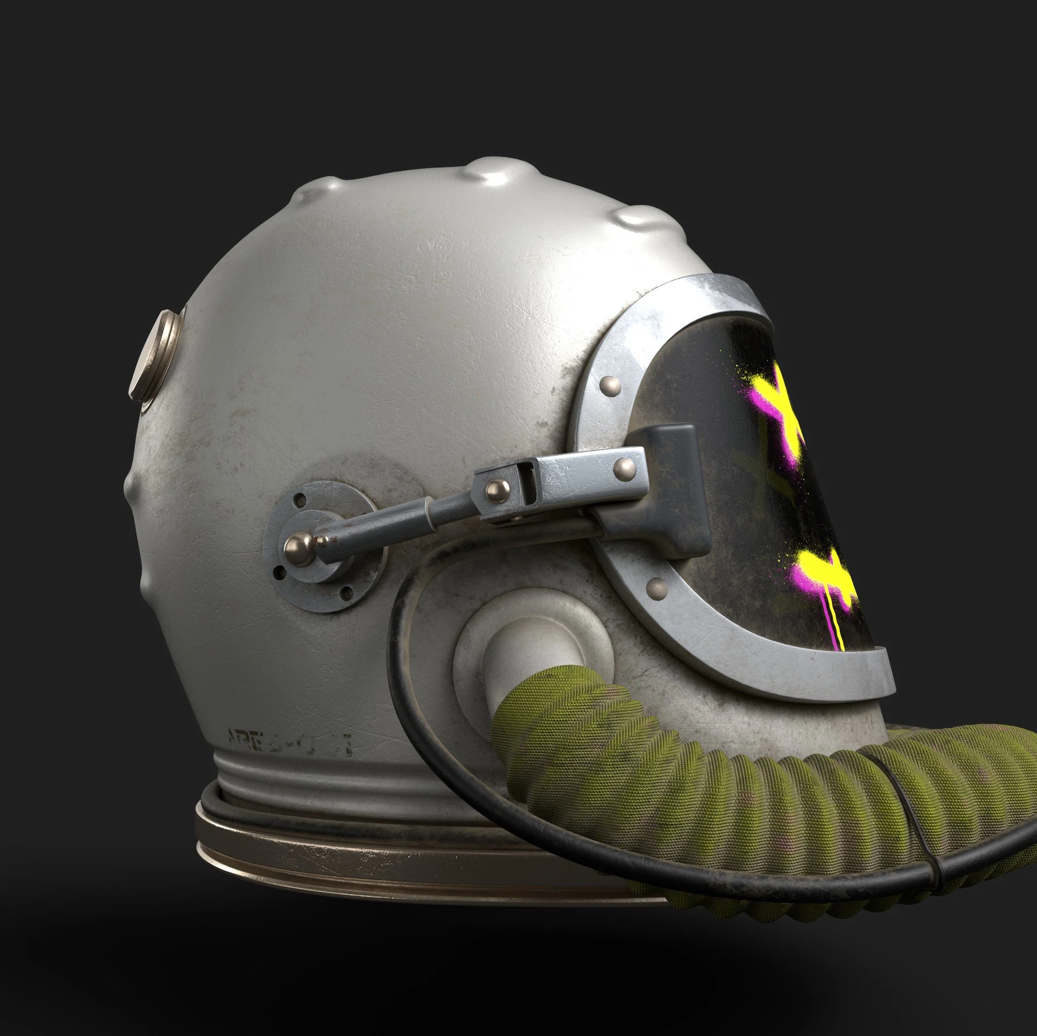 A vintage astronaut helmet with a visored faceplate displaying yellow and purple paint splatters, connected to a green and yellow corrugated hose, against a dark background.
