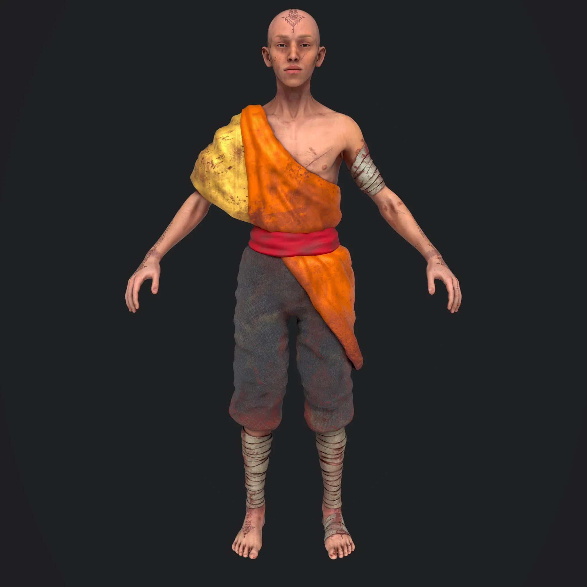 Digital character of a bald, androgynous figure with tattoos, mud, and torn clothing, standing against a black background.