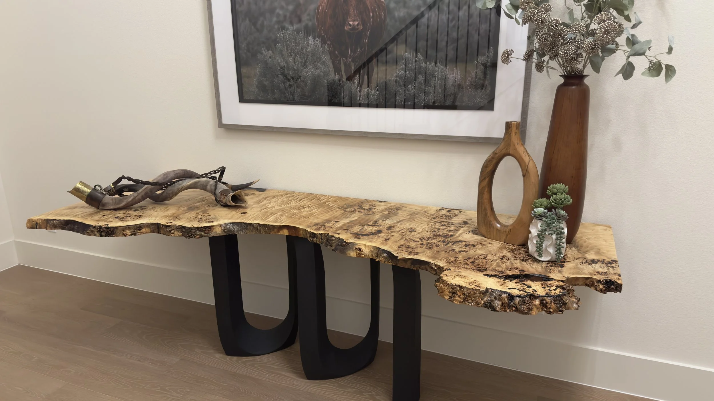 SOLD - 8’ Live Edge Mappa Burl Entry Table