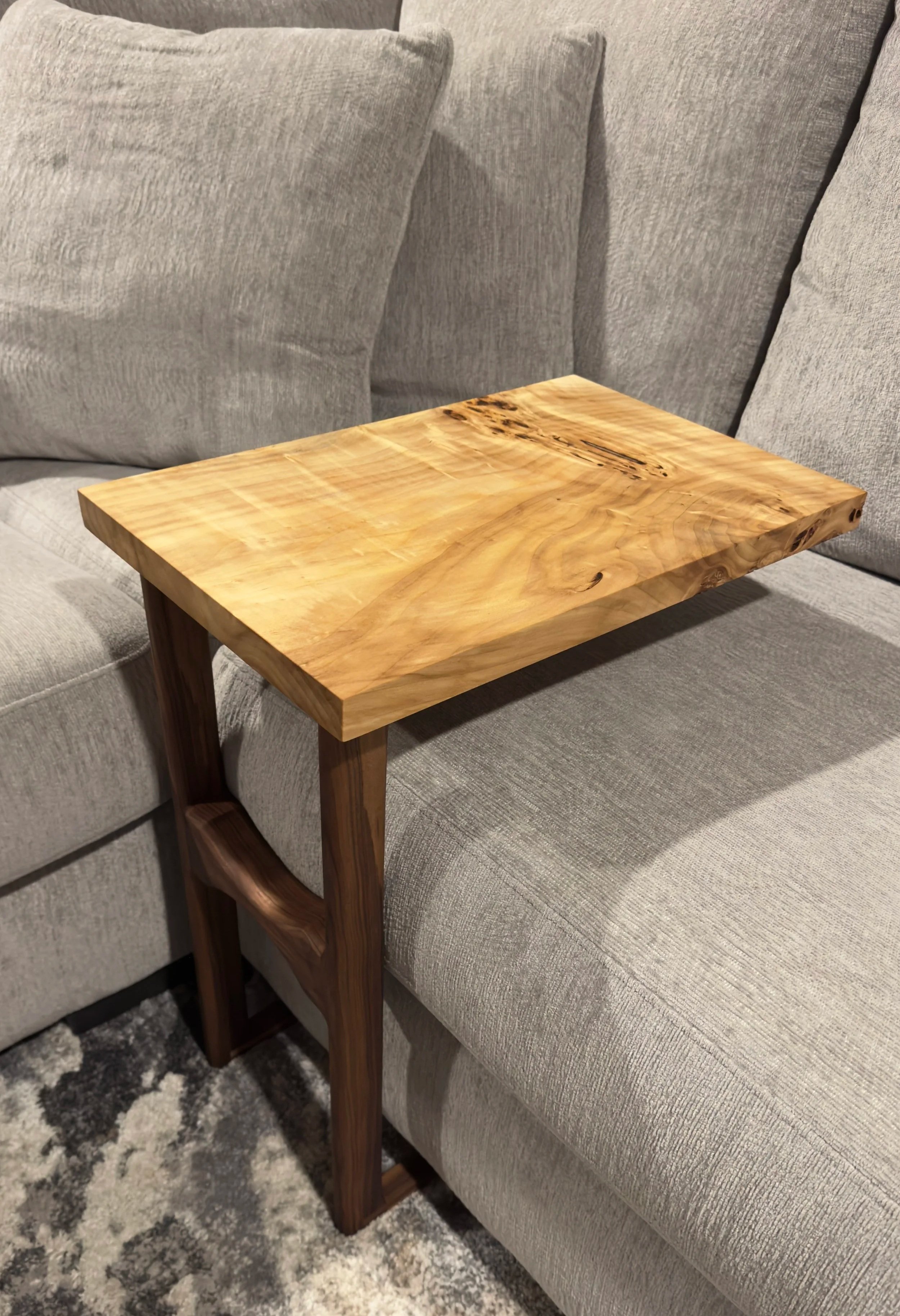 Handcrafted side tables made from solid walnut as the base and live edge mappa burl for the table top.