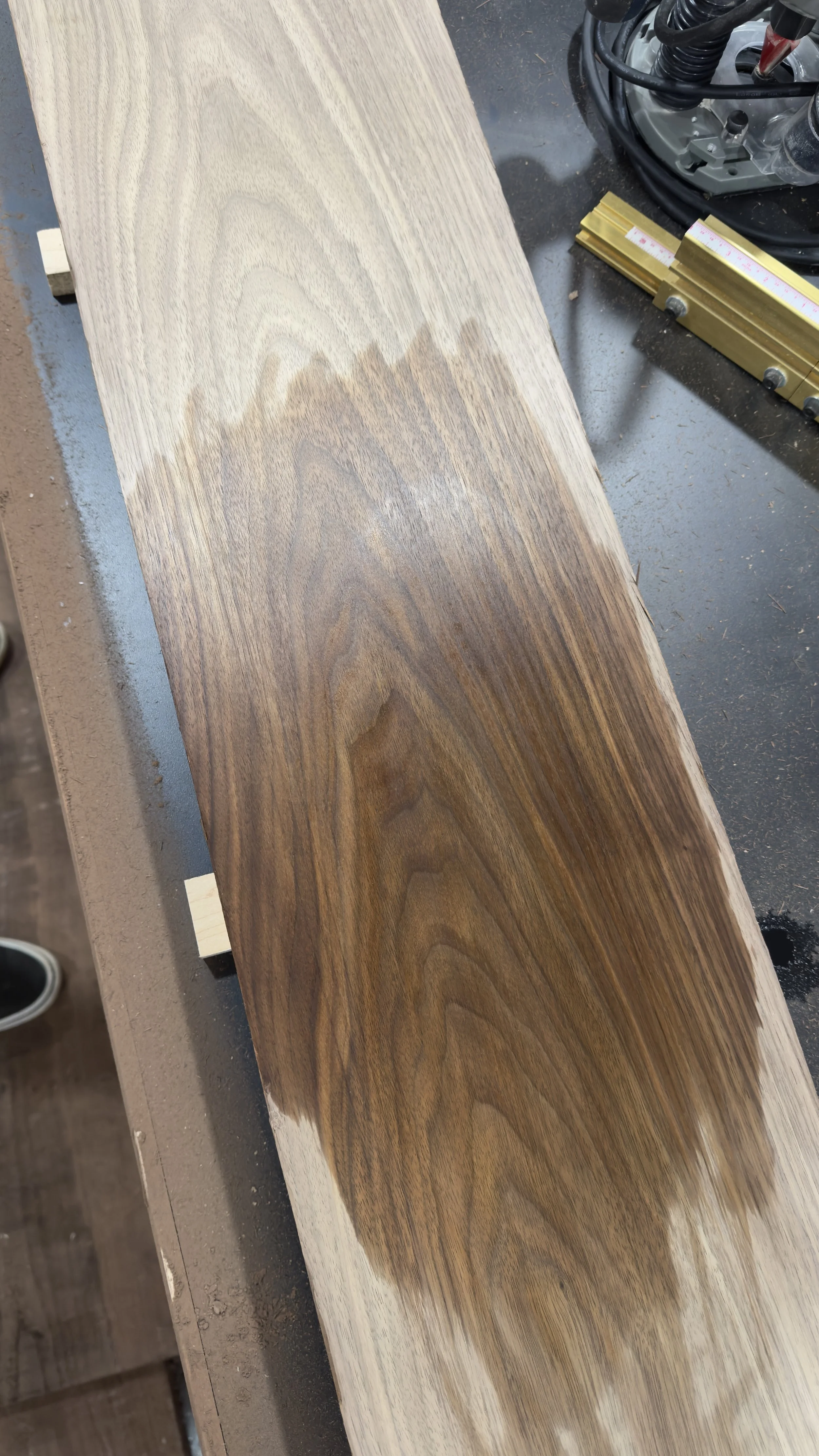 Close-up of walnut grain detail with mineral spirits applied