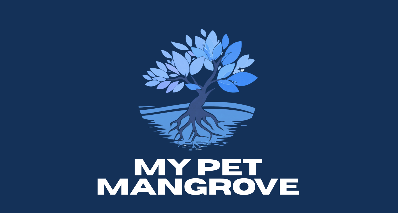 Logo for My Pet Mangrove featuring a stylized blue mangrove tree with roots extending into water on a dark blue background.