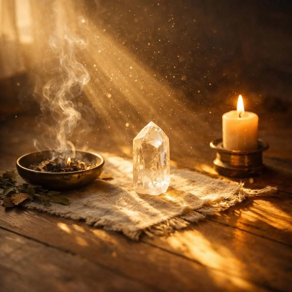 A lit candle, a burning incense bowl with smoke, and a large clear crystal on a cloth mat reflecting warm light, against a warm-toned background.