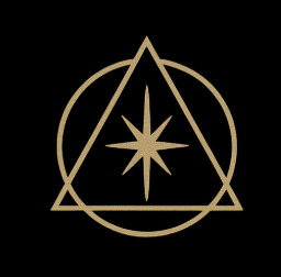 A minimalistic gold-colored geometric symbol with a star in the center, enclosed in a triangle and circle.