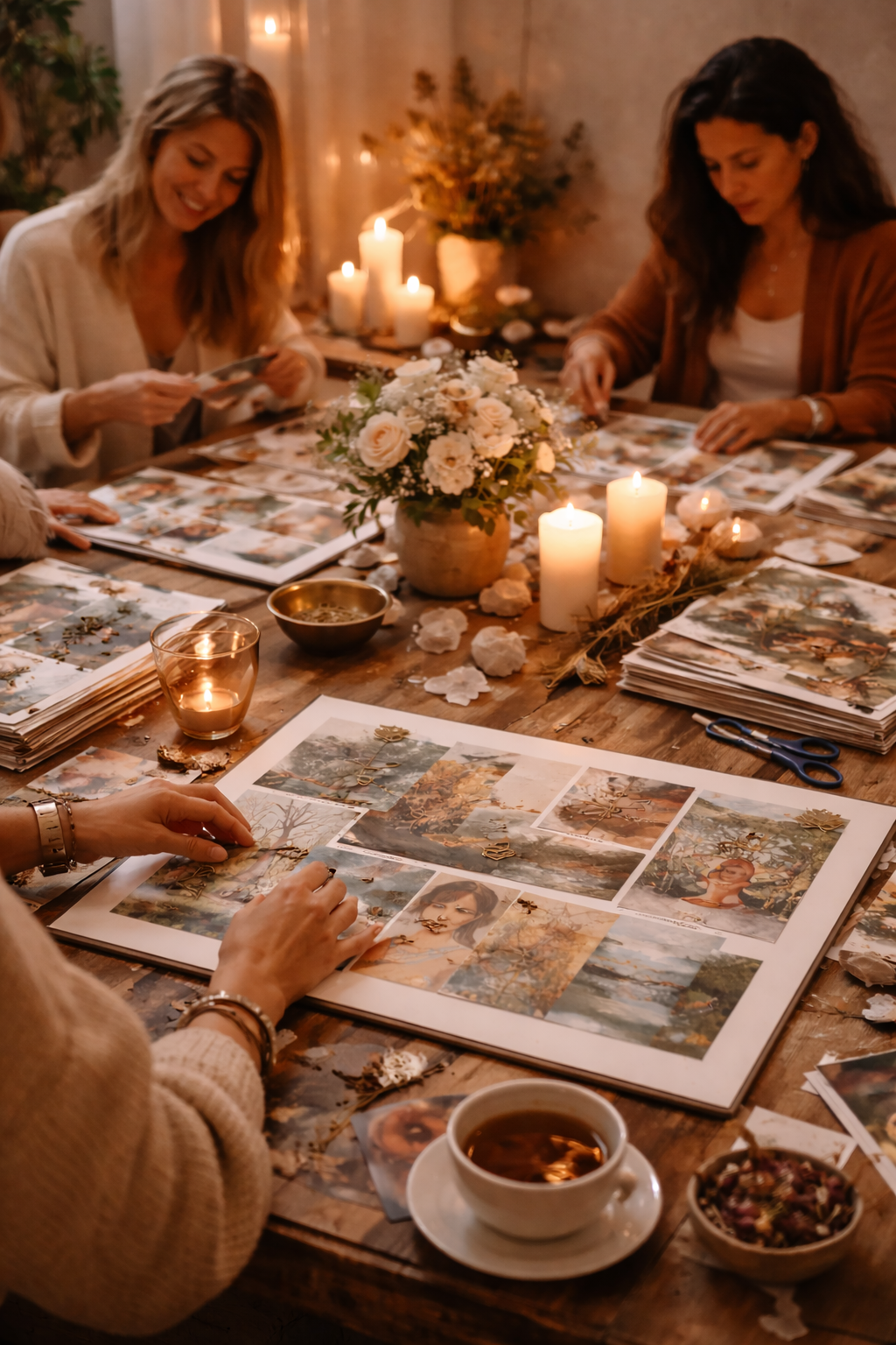 Women working on a scrapbook project at a table decorated with candles, flowers, and craft supplies in a cozy, dimly lit room.