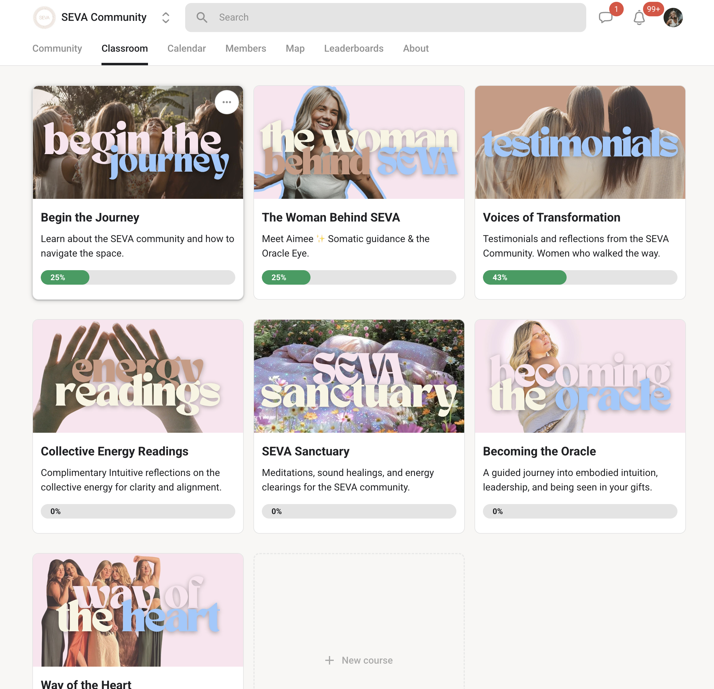 Screenshot of the SEVA Community website's Classroom tab showing six courses. The courses include 'Begin the Journey,' 'The Woman Behind SEVA,' 'Voices of Transformation,' 'Collective Energy Readings,' 'SEVA Sanctuary,' and 'Becoming the Oracle.' The courses feature images of women and calming pastel backgrounds.