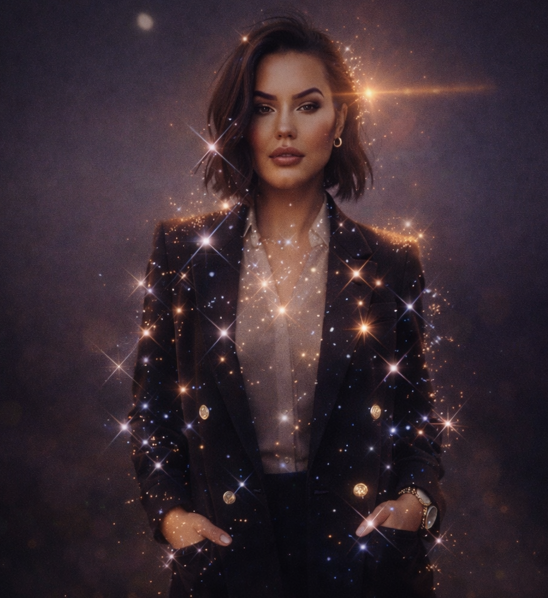 A woman with shoulder-length dark hair wearing a black blazer and a beige shirt, surrounded by sparkling light effects and stars, against a dark background.