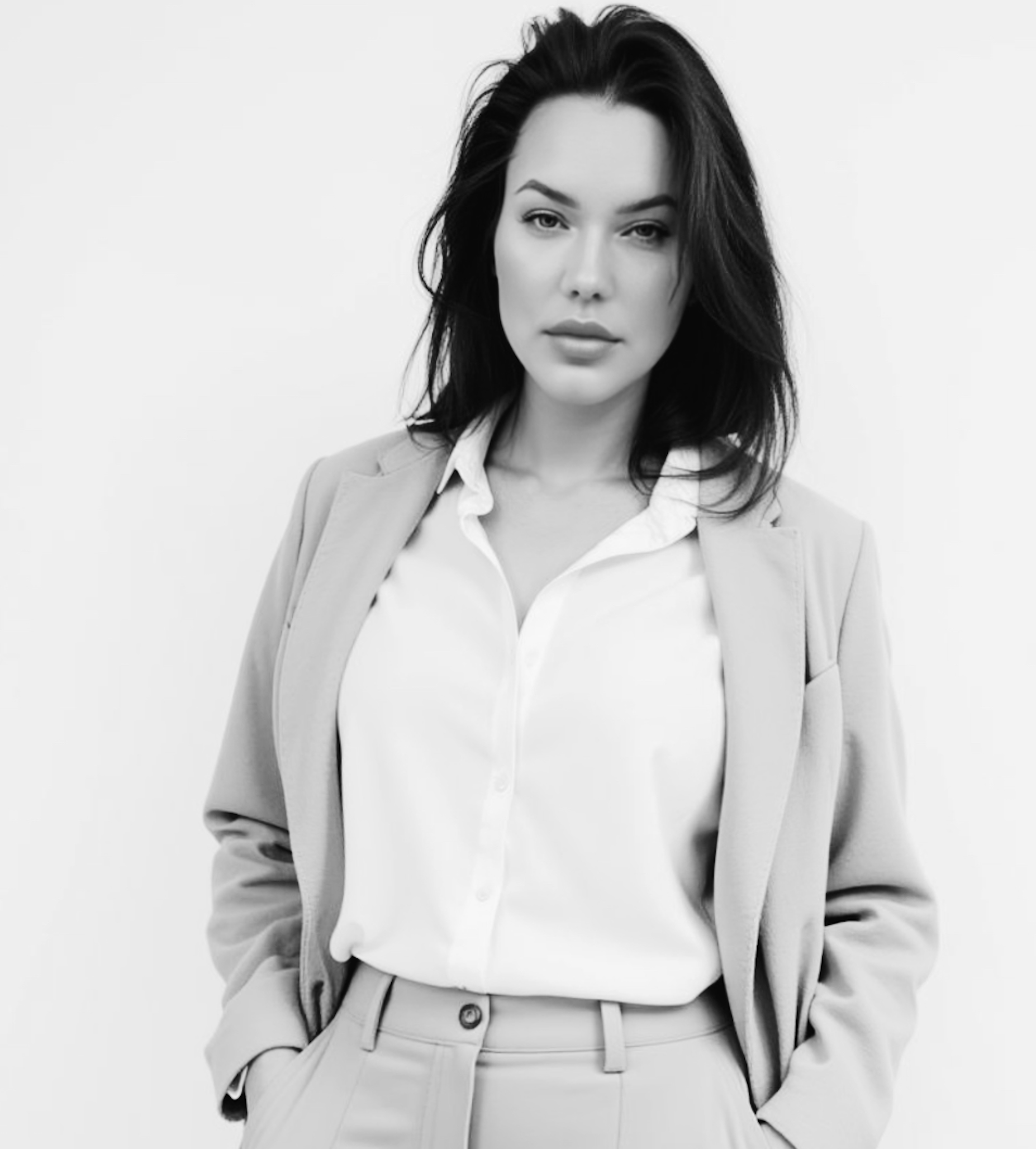 Black and white portrait of a young woman with dark hair, wearing a blazer over a white shirt, with hands in her pockets, looking at the camera.