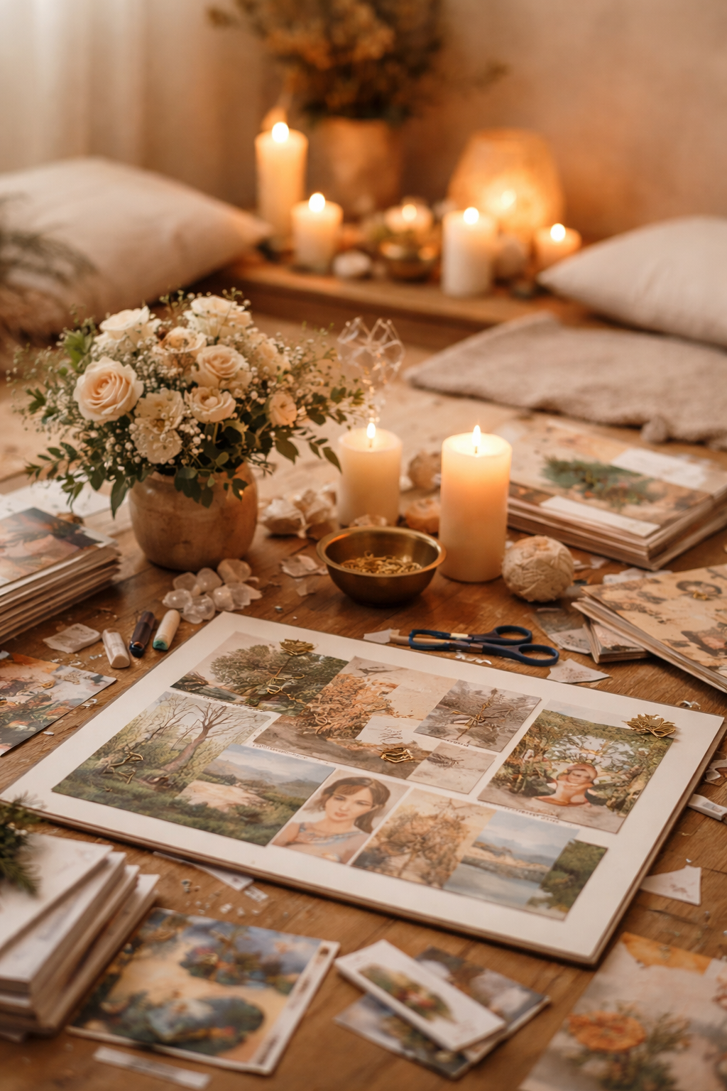 A cozy workspace with a floral arrangement, candles, scissors, magazines, and photographs on a wooden table, with pillows and candles in the background.