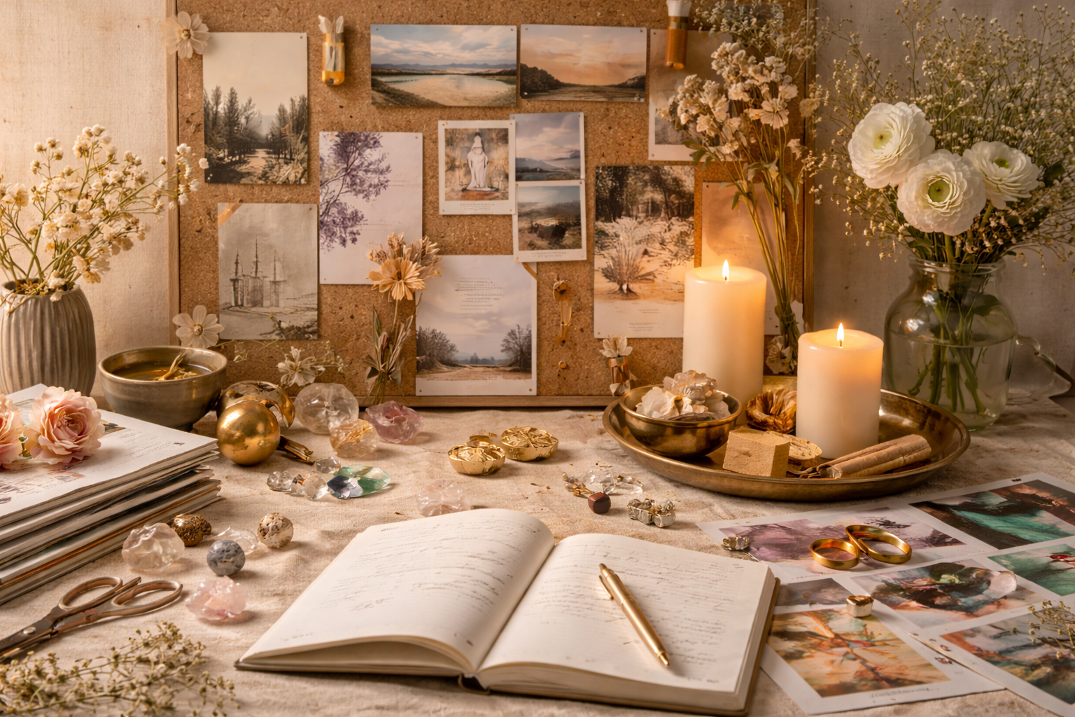 A cozy desk or workspace decorated with candles, flowers, and artwork. An open notebook, scissors, jewelry, and gemstones are on the table. A corkboard in the background displays landscape photos, artwork, and small decorative items.
